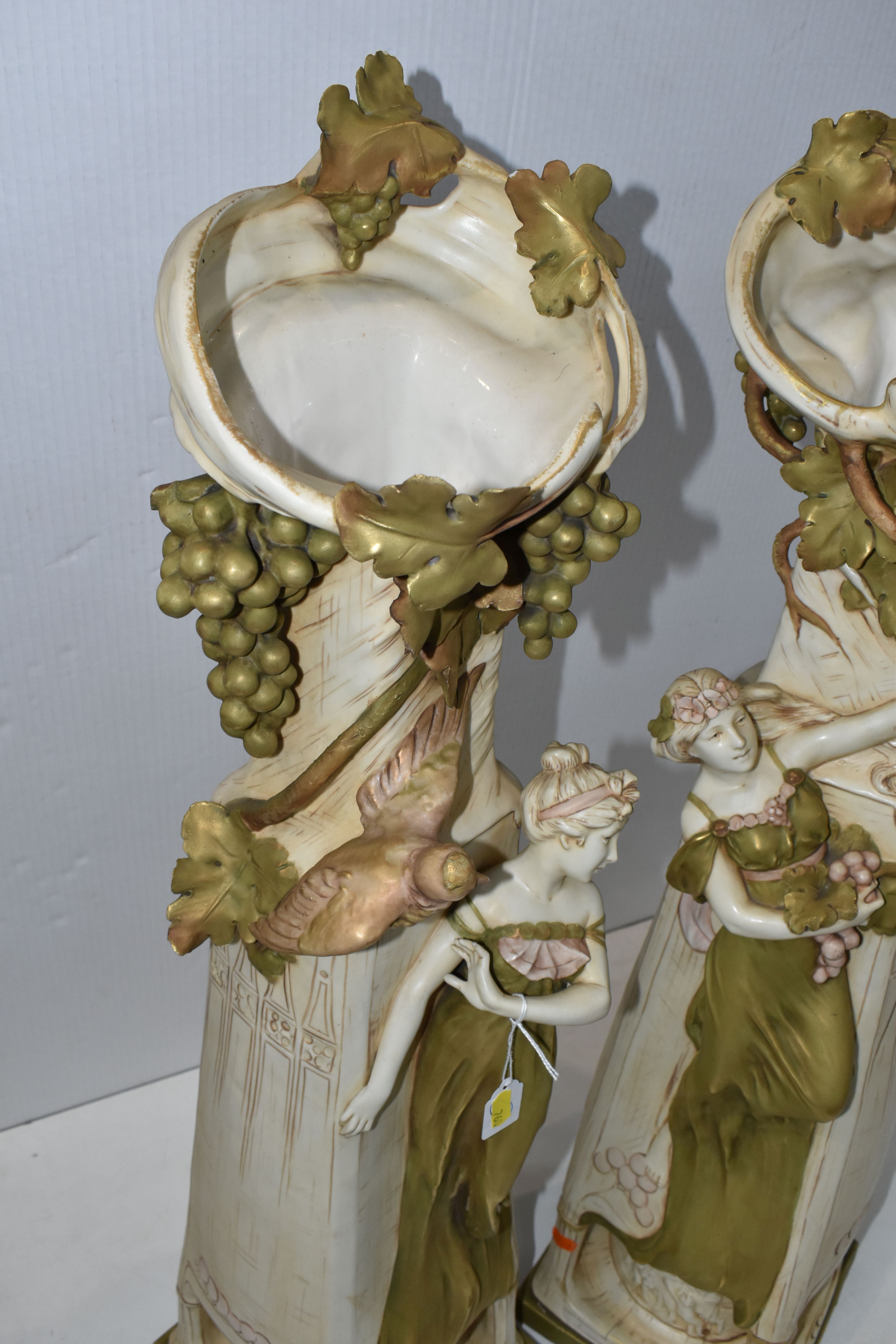 A PAIR OF ROYAL DUX ART NOUVEAU FIGURAL VASES, each modelled with a scrolling neck with fruiting - Image 4 of 21