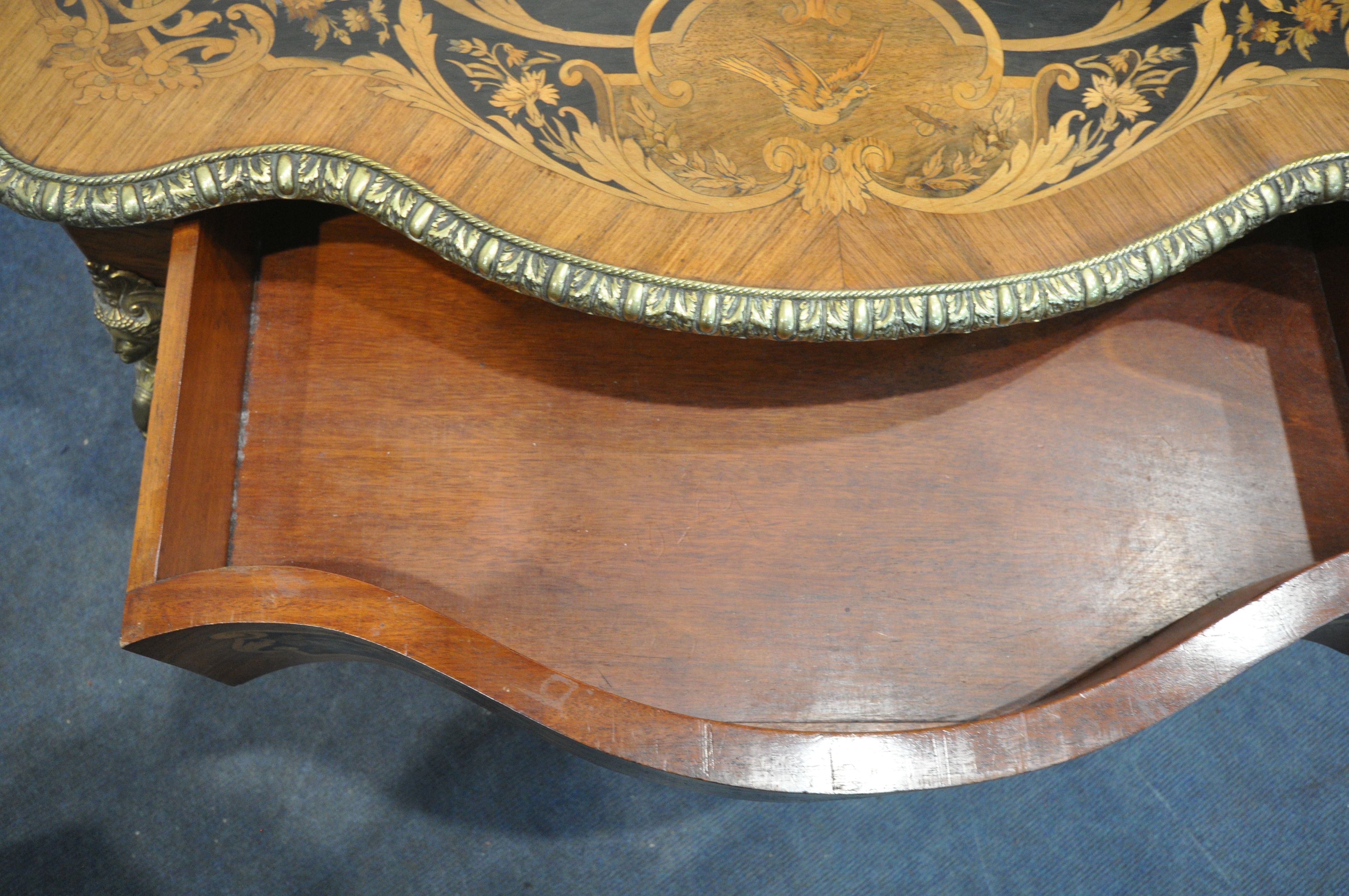A LOUIS XVI STYLE KINGWOOD, EBONY AND MARQUETRY INLAID CENTRE TABLE, late 19th century, the and - Image 9 of 9