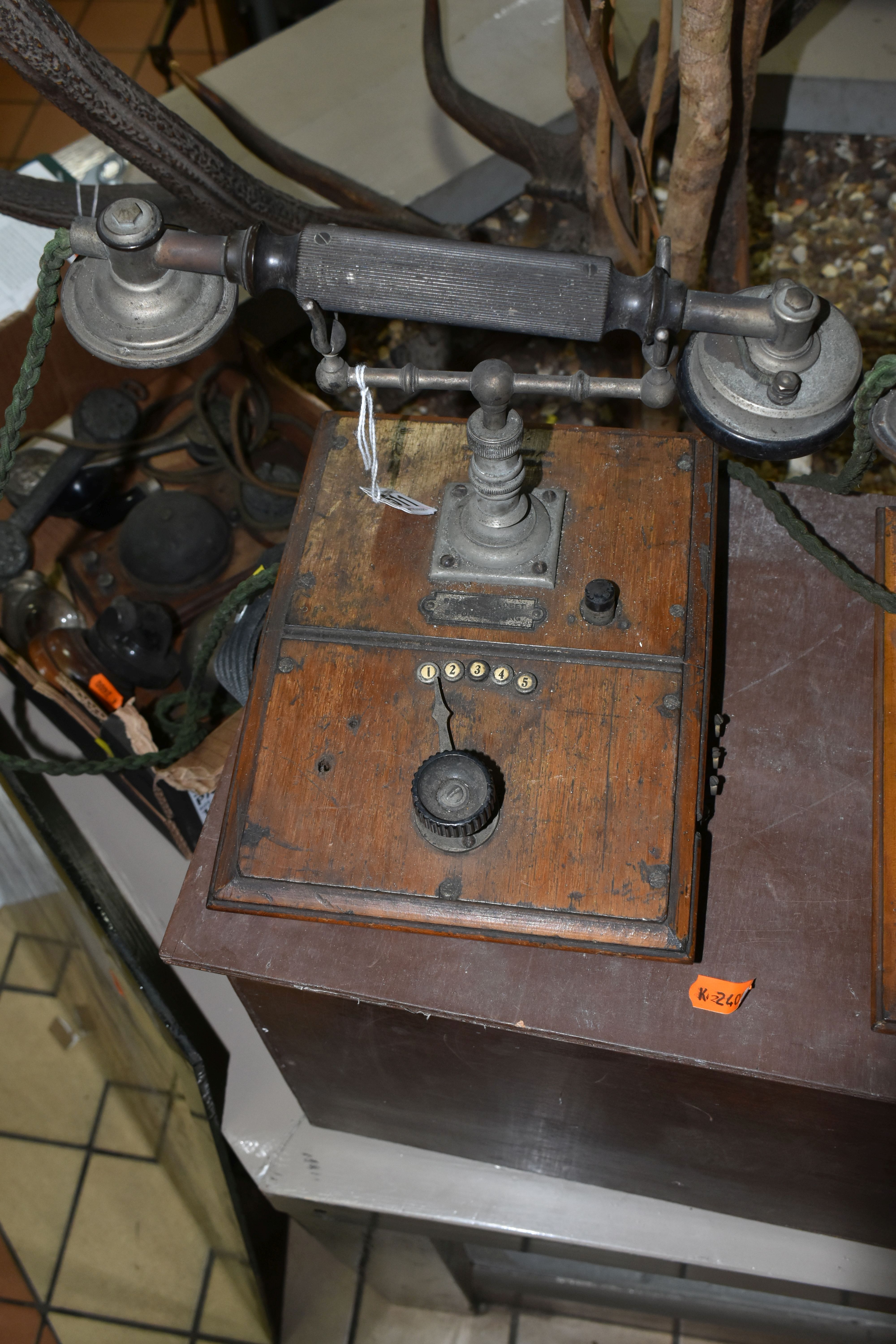 ONE BOX AND LOOSE EARLY 20TH CENTURY TELEPHONE PARTS, to include bells, switches, handsets, etc. ( - Image 3 of 8