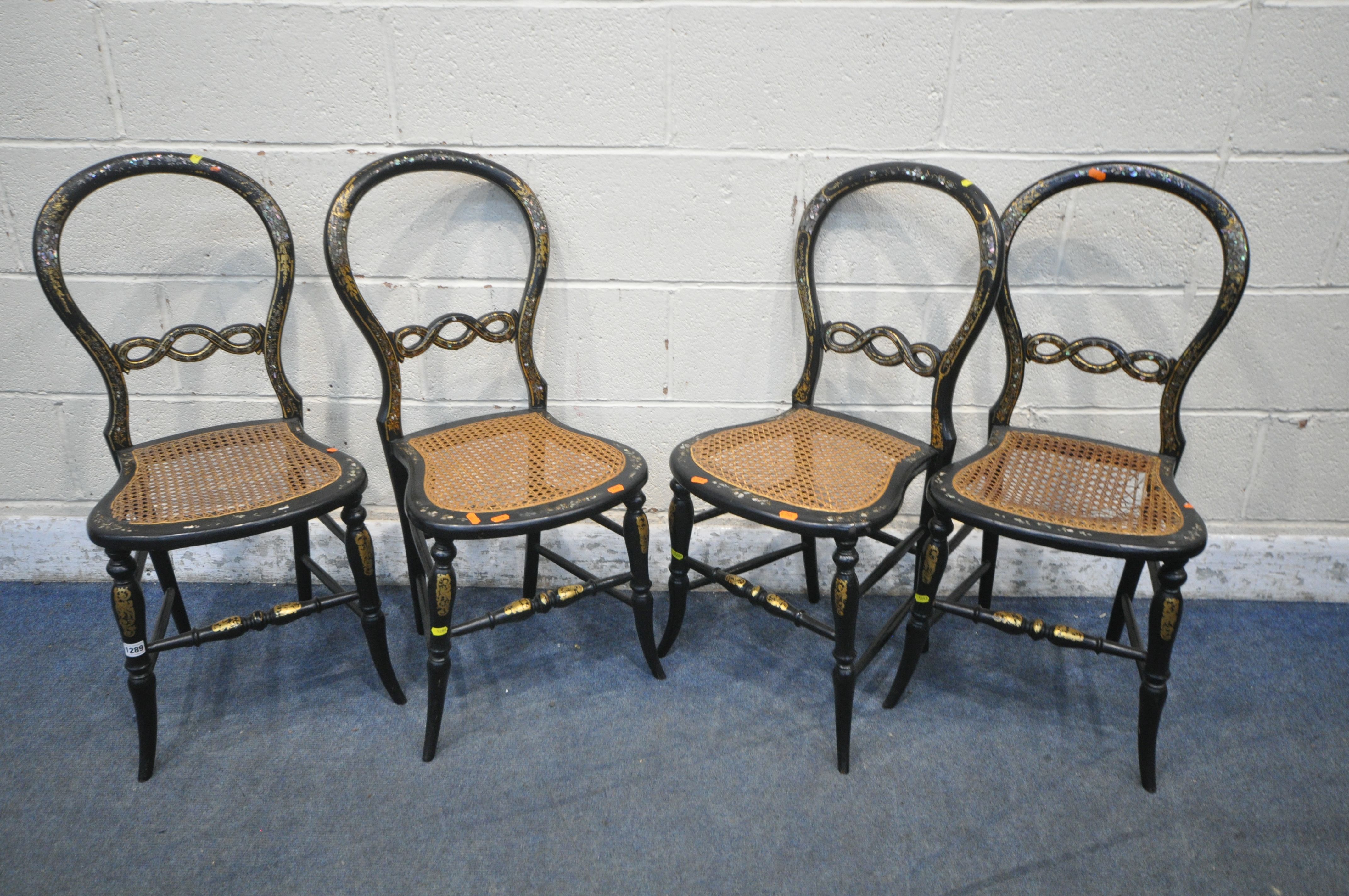 A SET OF FOUR VICTORIAN EBONISED AND MOTHER OF PEARL CHAIRS (condition report: bergère seat torn