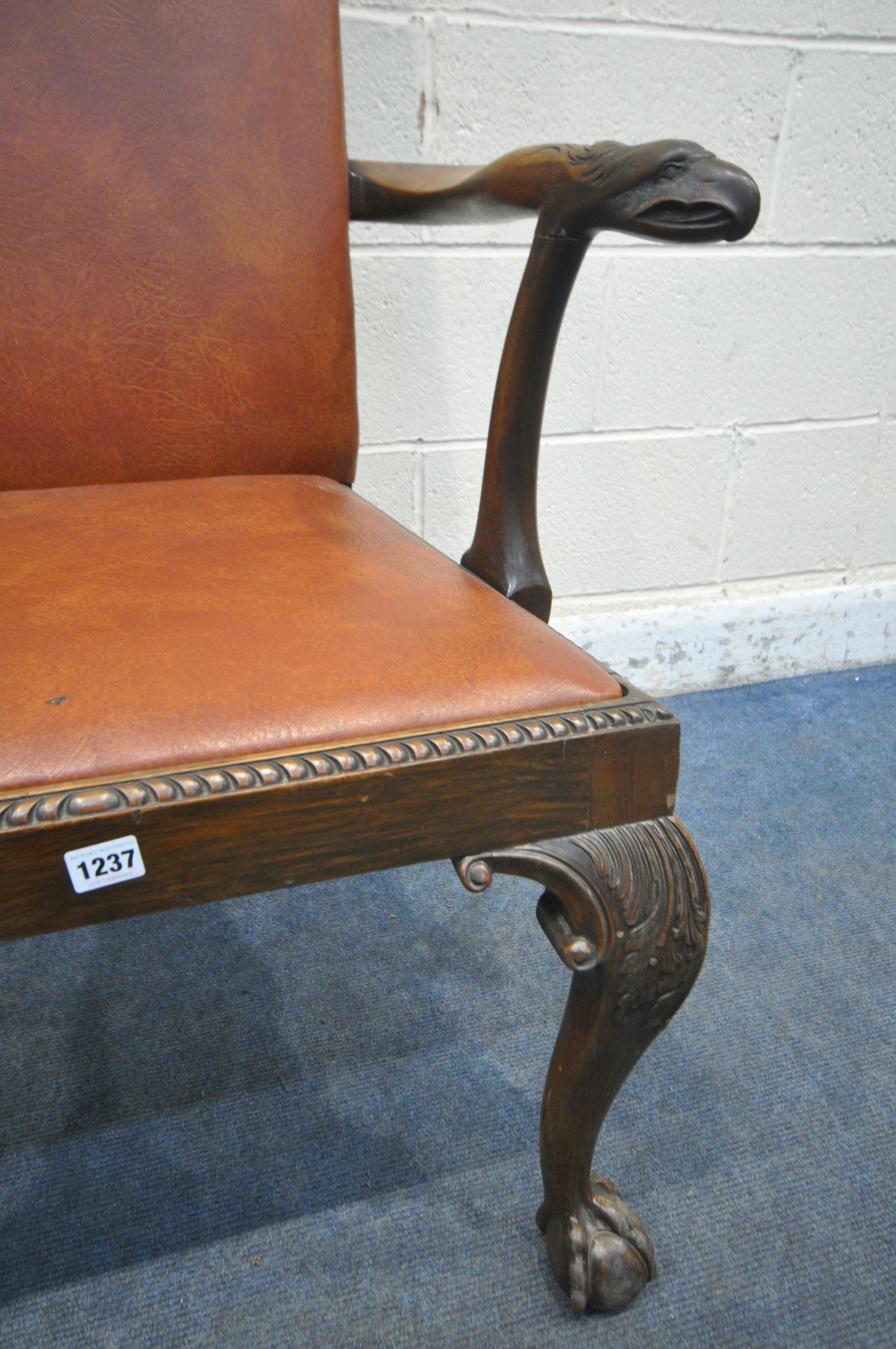 A GEORGIAN MAHOGANY ARMCHAIR, reupholstered with brown leatherette, the open armrests with an - Image 3 of 5