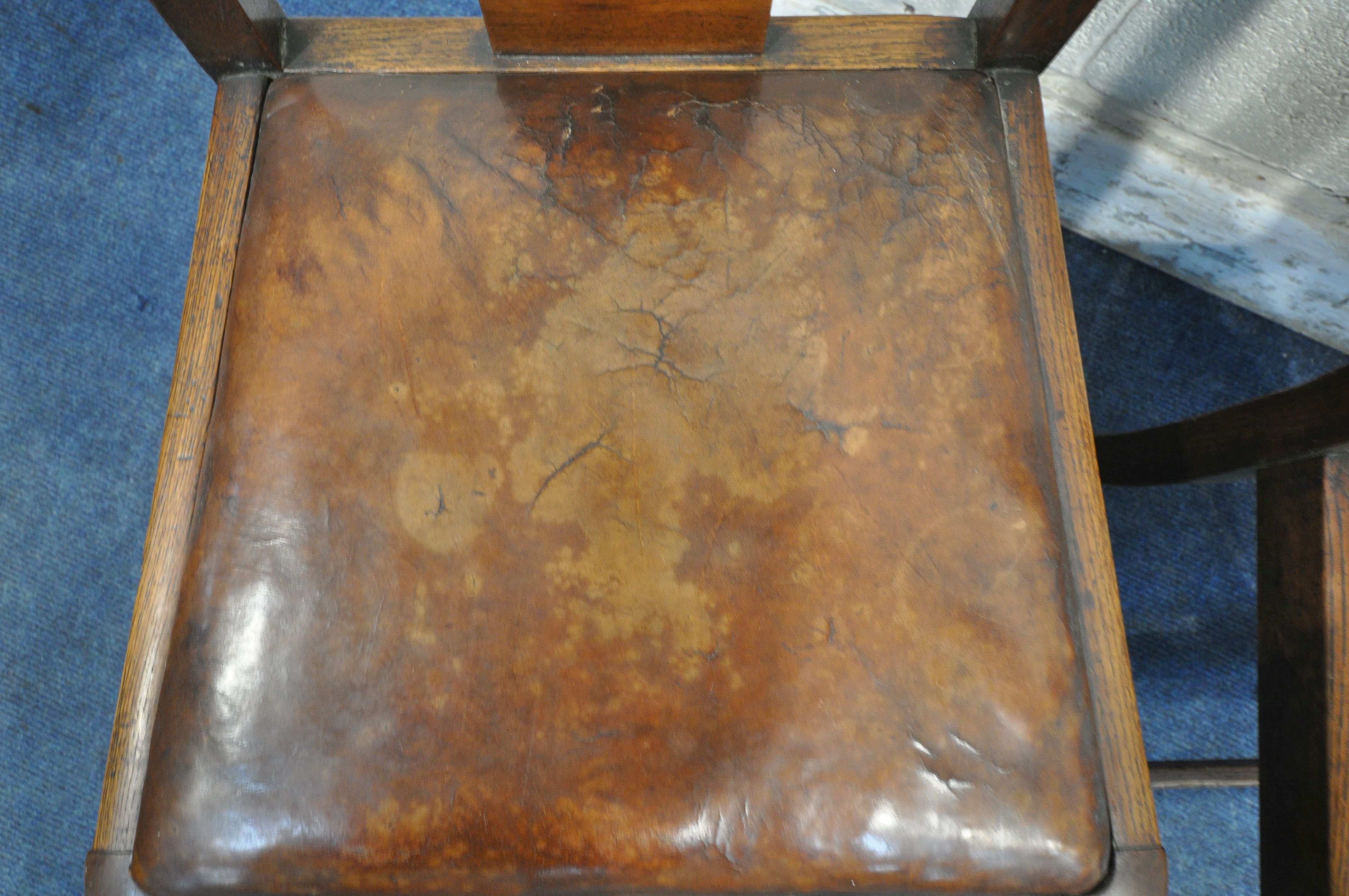 A SET OF FOUR ART DECO OAK DINING CHAIRS, with brown leather drop in seat pads (condition report: - Image 4 of 4