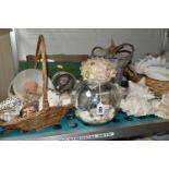 A LARGE QUANTITY OF SEA SHELLS, to include two baskets and one box of large conch shells, star fish,