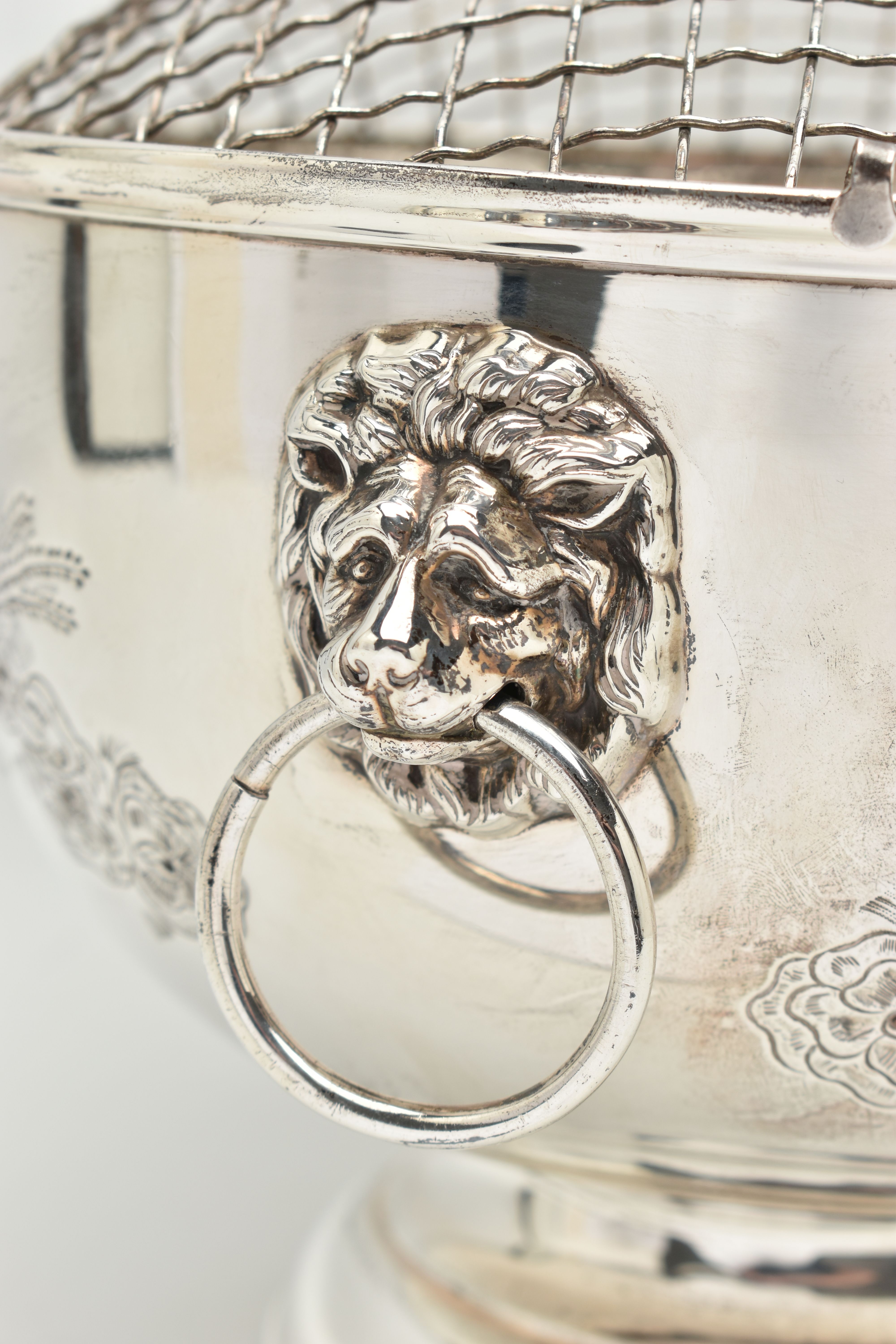 AN ELIZABETH II SILVER ROSE BOWL, fitted with removable wire grille, two lion mask handles, the - Image 4 of 9