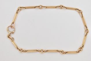 A 9CT GOLD FANCY LINK BRACELET, designed as a row of polished bars interspaced with jump rings,