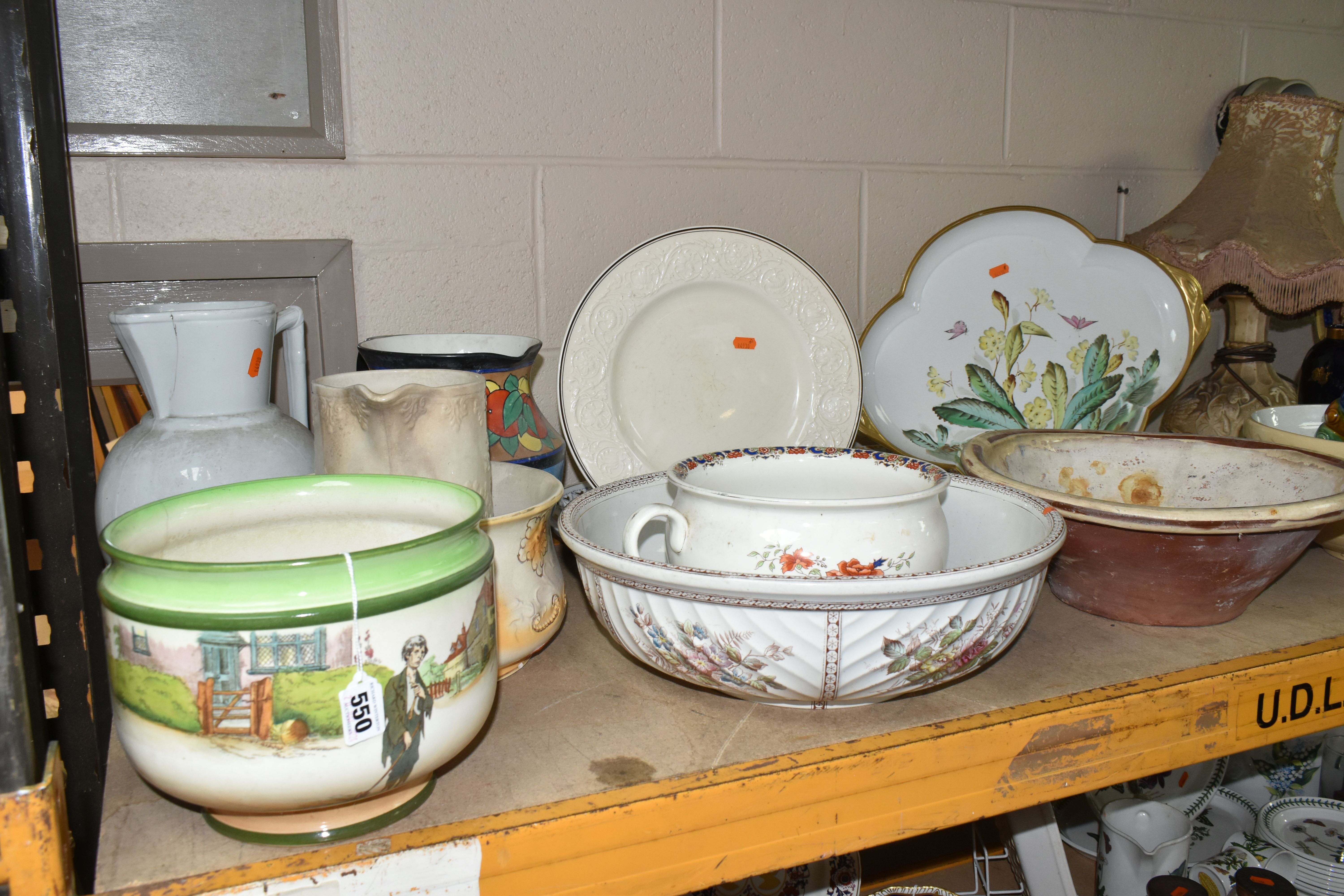 A GROUP OF LARGE CERAMIC ITEMS, to include a Royal Doulton series ware planter D2973 (hairline,