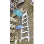 AN ALUMINIUM STEP LADDER AND ABIN CONTAINING GARDEN TOOLS including leaf grabber, rakes, spades