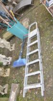 AN ALUMINIUM STEP LADDER AND ABIN CONTAINING GARDEN TOOLS including leaf grabber, rakes, spades