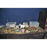 TWO TRAYS CONTAINING VINTAGE AND REPRODUCTION BRASS DOOR FURNITURE AND HARDWARE including door