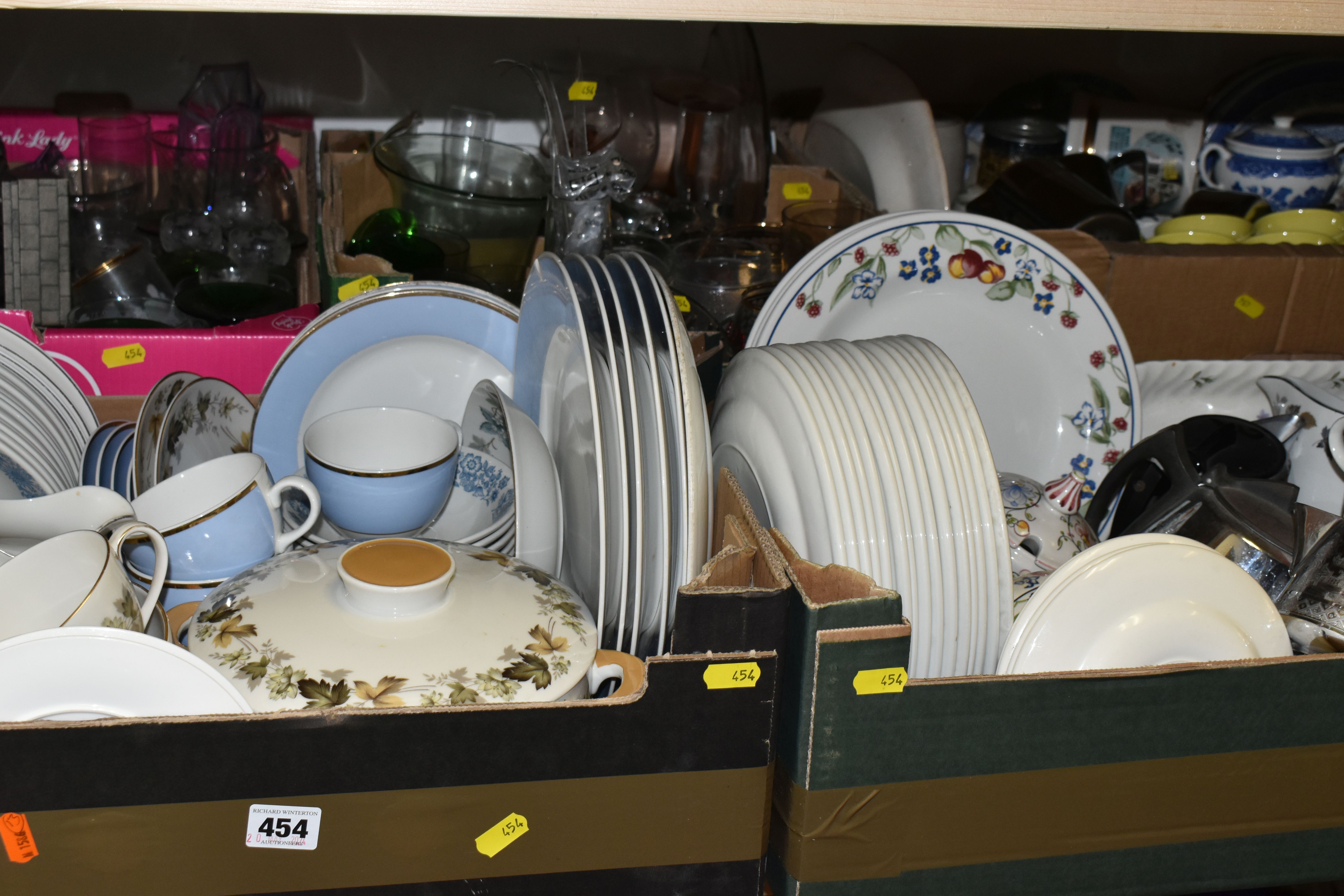 SIX BOXES OF GLASSWARE AND TABLEWARE to include a large variety of 'Royal Doulton' kitchenware in