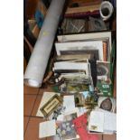 TWO BOXES AND LOOSE EPHEMERA AND WALKING STICKS, including a large collection of vintage