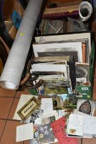 TWO BOXES AND LOOSE EPHEMERA AND WALKING STICKS, including a large collection of vintage