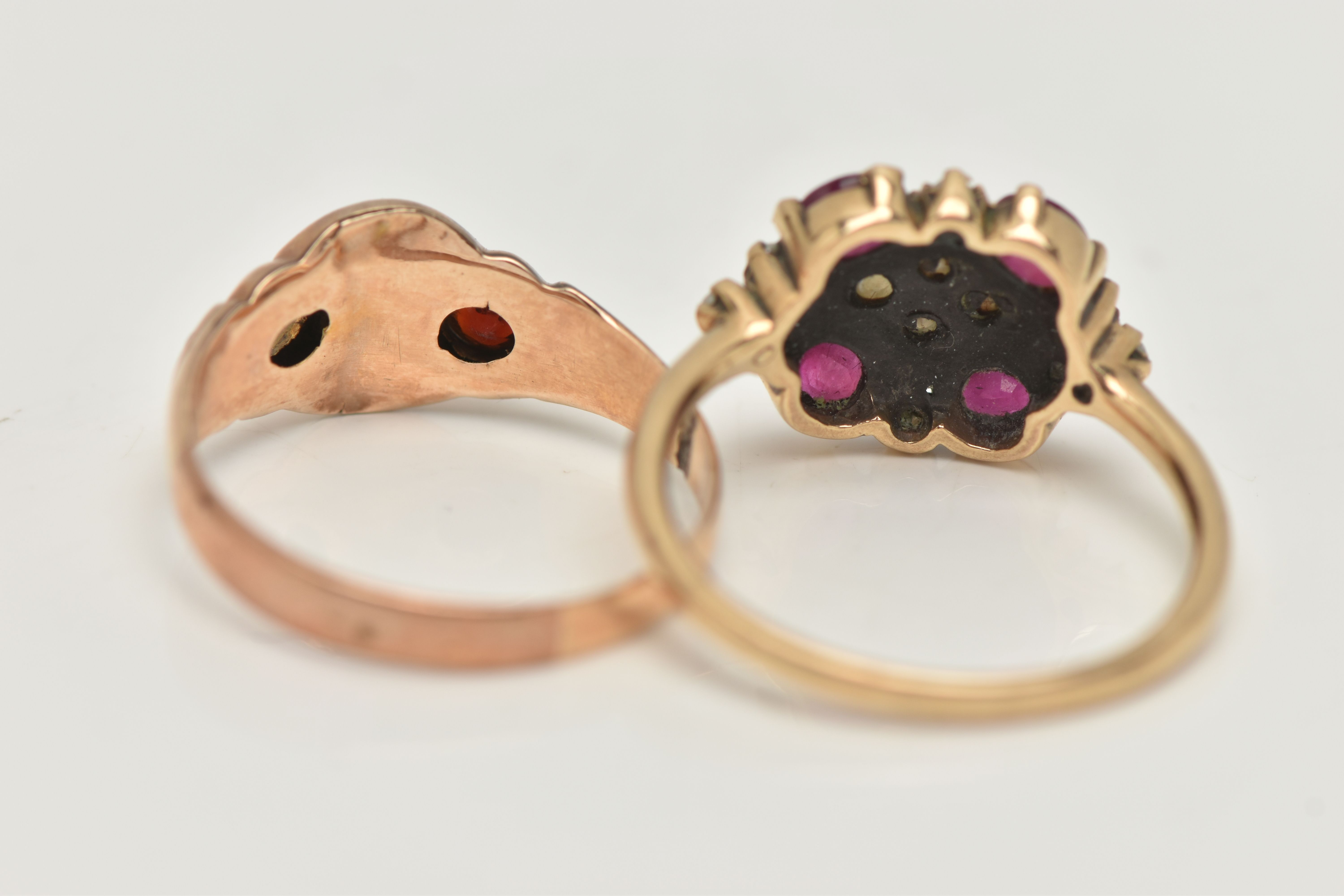 TWO 9CT GOLD GEM SET RINGS, the first set with four oval shape treated rubies and split pearls, - Image 4 of 4