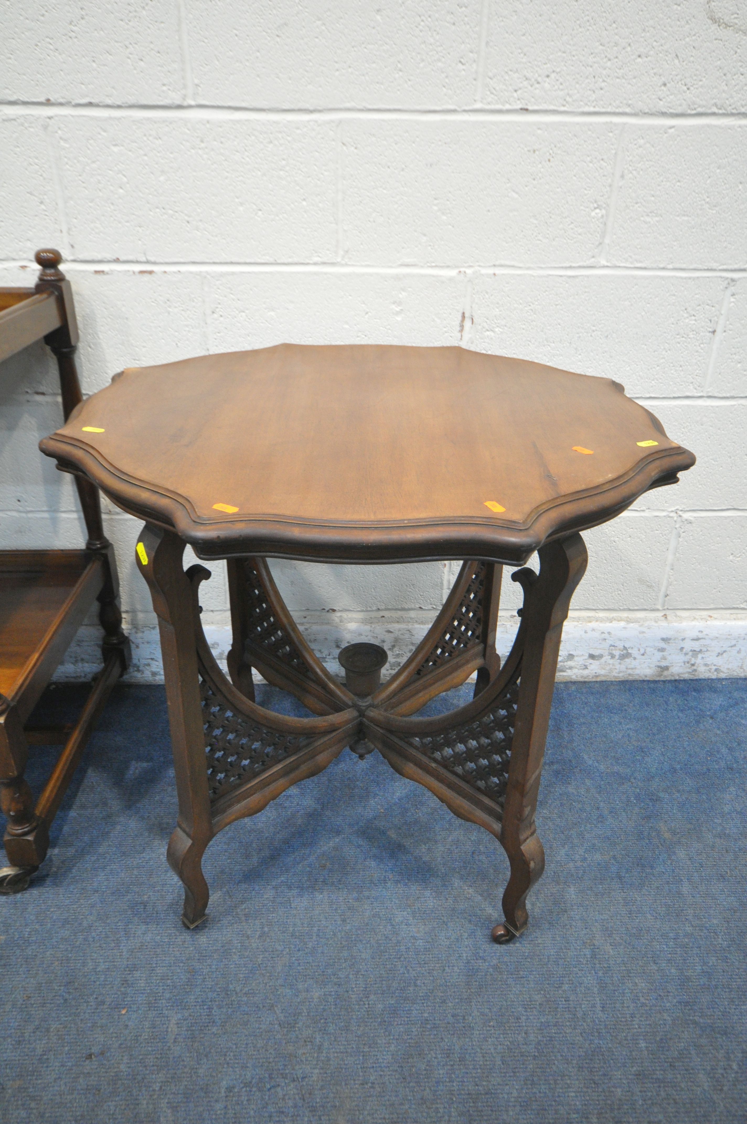 A MAHOGANY TWO TIER TROLLEY, width 76cm x depth 54cm x height 87cm, a mahogany centre table, and - Image 3 of 4