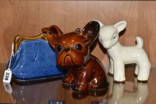 THREE PIECES OF BOURNE DENBY, comprising a lamb figure, height 16.5cm, a treacle glazed Danesby Ware