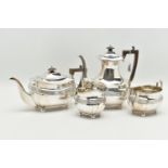 A GEORGE V SILVER FOUR PIECE TEA SERVICE OF SHAPED RECTANGULAR FORM, reeded horizonal band detail