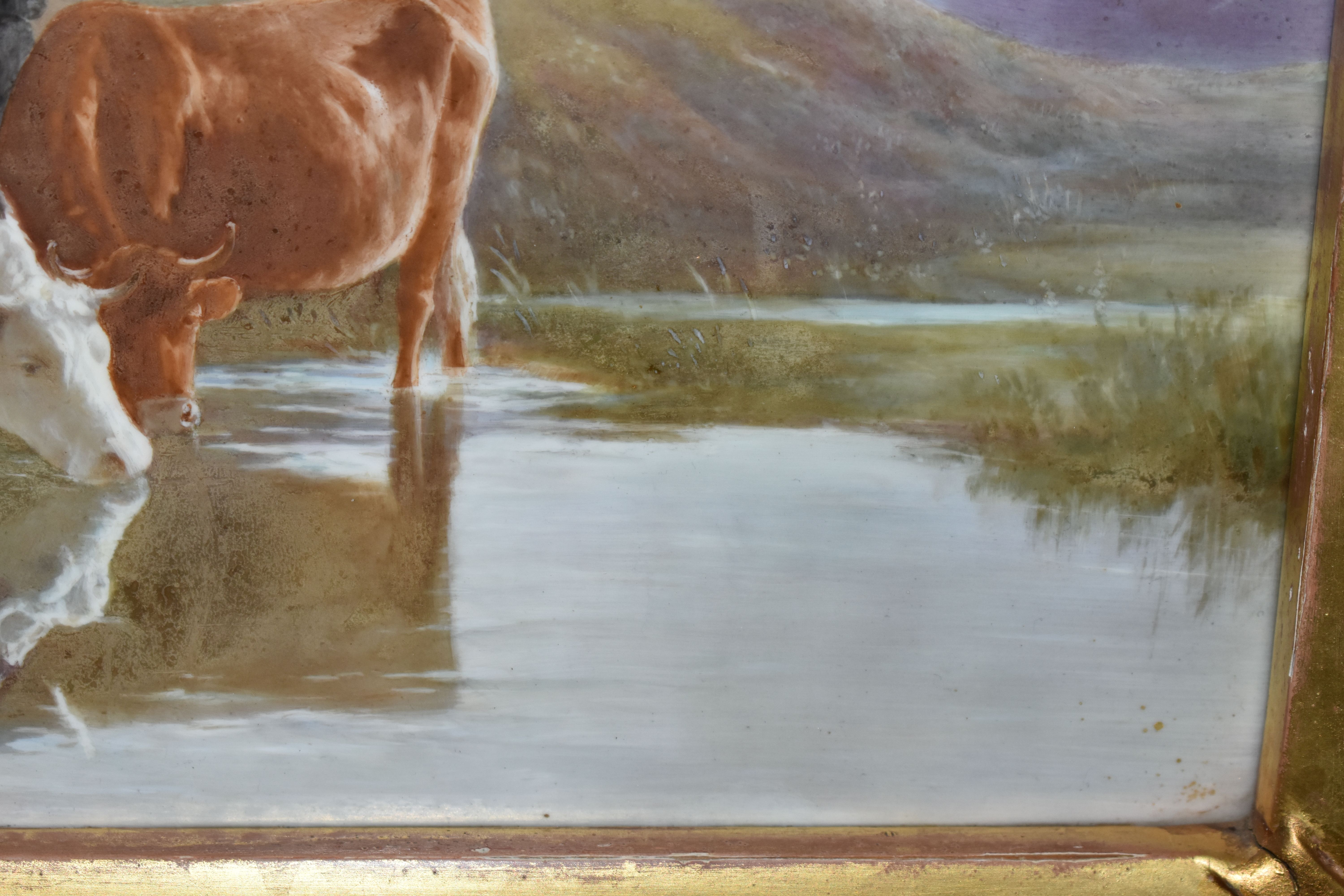 A LATE 19TH CENTURY GILT FRAMED PORCELAIN PLAQUE PAINTED WITH CATTLE WATERING, unsigned and - Image 5 of 9