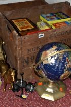 TWO WOODEN CRATES AND LOOSE ADVERTISING TINS, FISHING RODS AND SUNDRY ITEMS, to include the lower