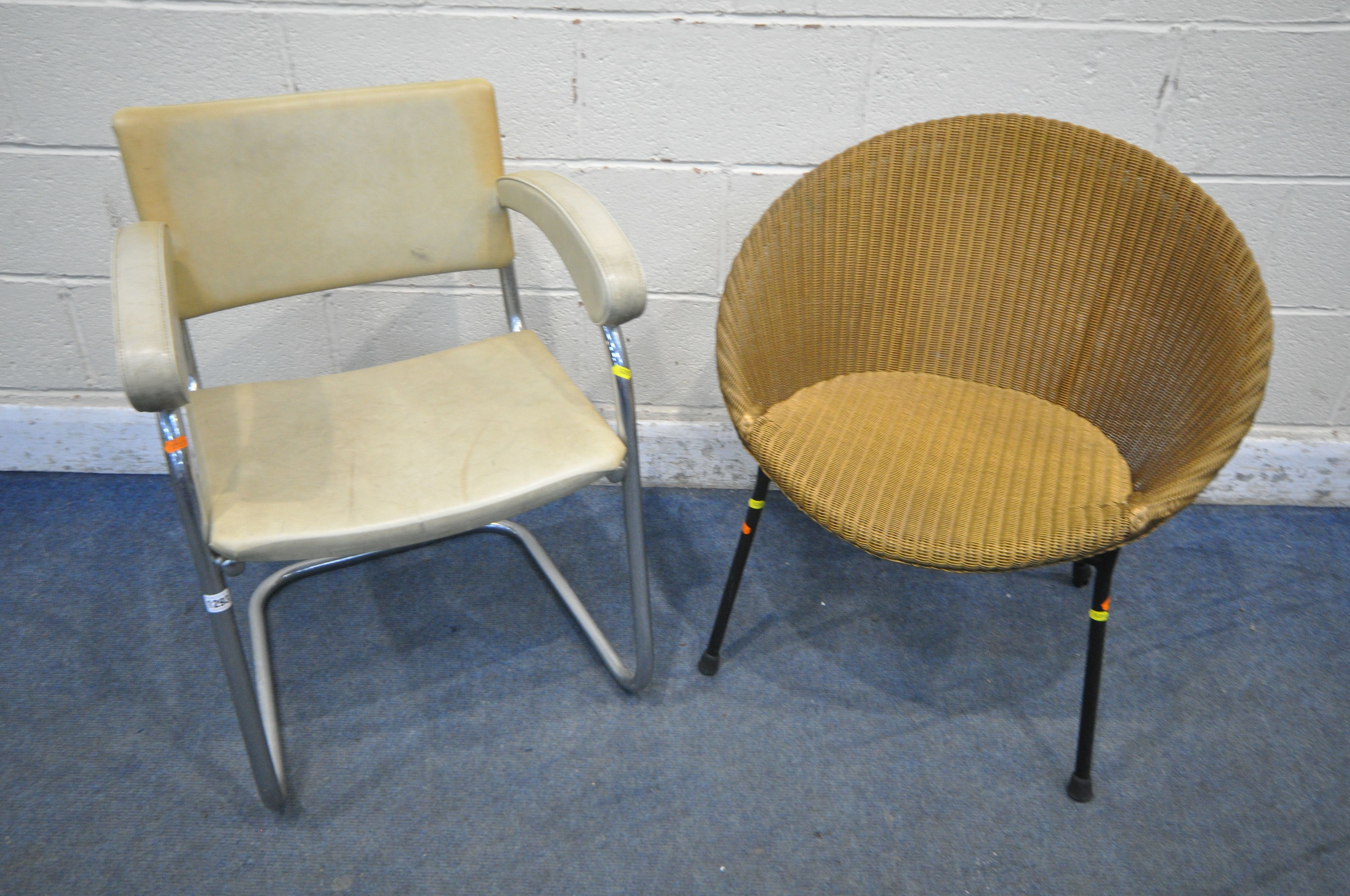 A LLOYD LOOM WICKER SATELLITE CHAIR, on metal legs, along with a mid-century cream leatherette and
