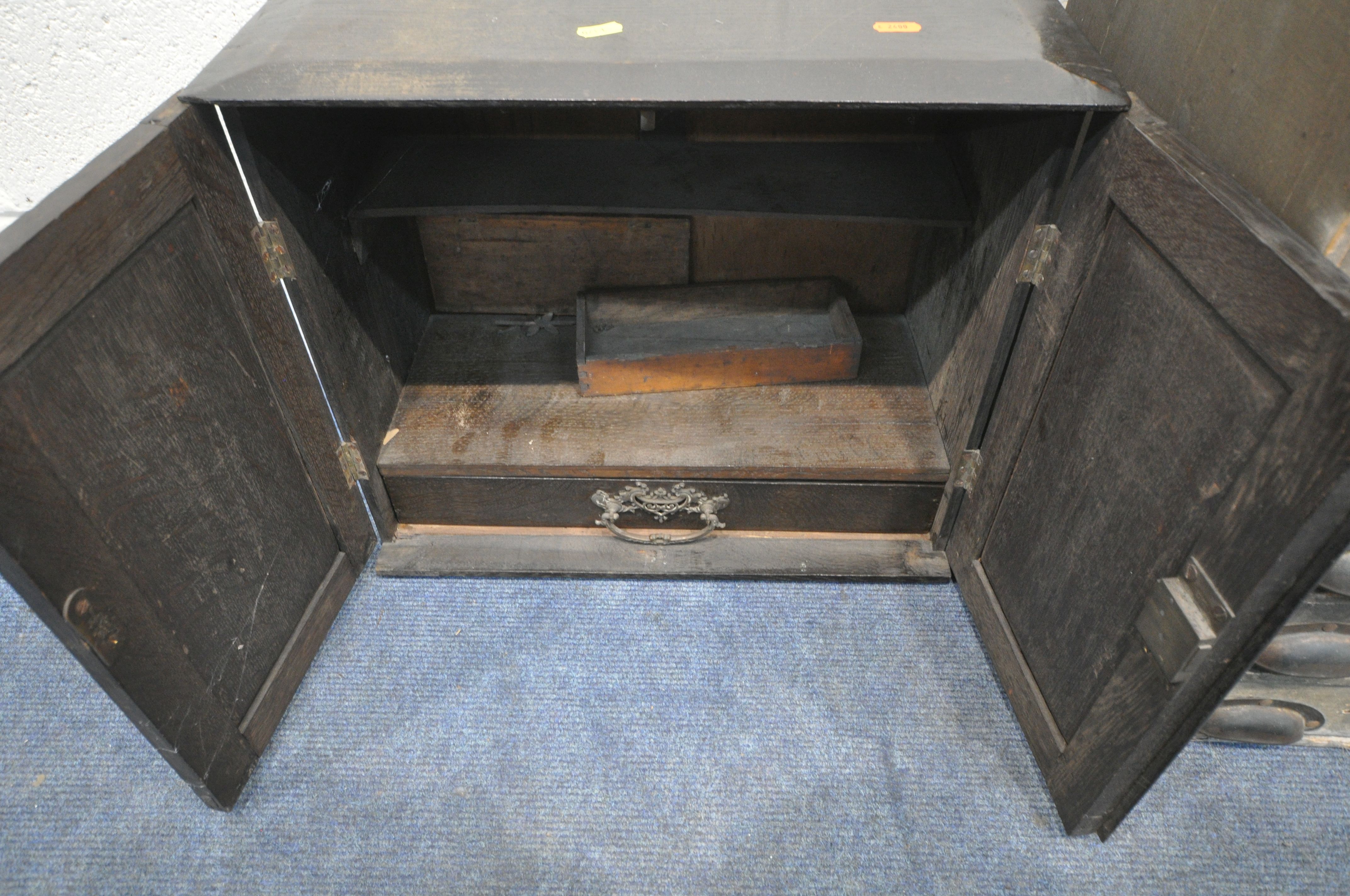 A SMALL 20TH CENTURY OAK CABINET, with a single drawer, width 49cm x depth 26cm x height 42cm, along - Image 2 of 4