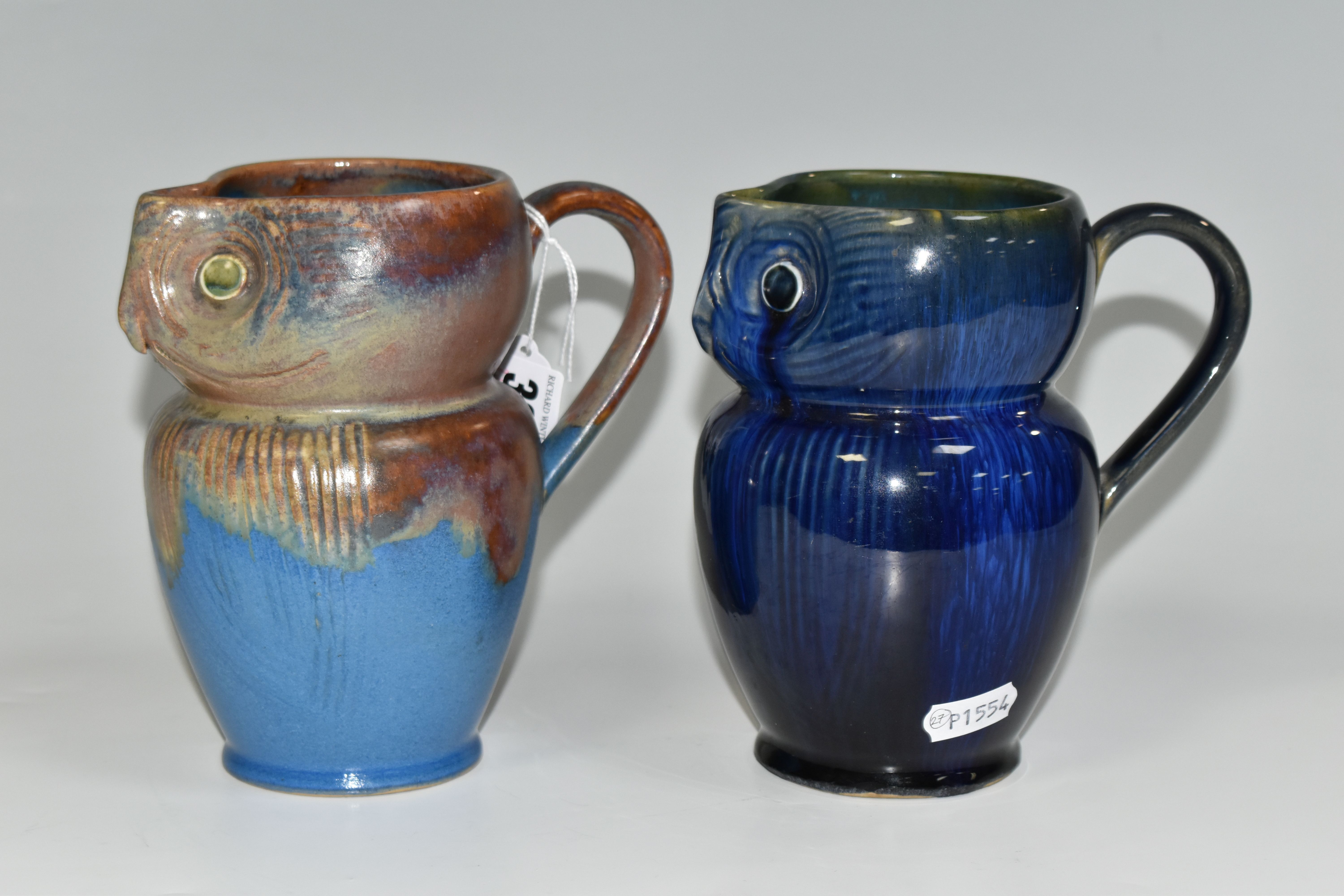 TWO BOURNE DENBY OWL JUGS, 1920s-1930s Danesby Ware, one with mid blue and brown glaze, the other - Image 2 of 6