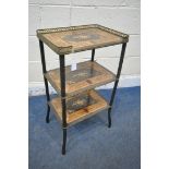 A FRENCH EBONISED AND MARQUETRY INLAID THREE TIER ETERGERE, with a pieced brass gallery top shelf,