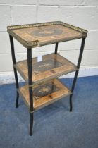 A FRENCH EBONISED AND MARQUETRY INLAID THREE TIER ETERGERE, with a pieced brass gallery top shelf,