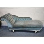 A FRENCH CREAM PAINTED CHAISE LONGUE, with blue buttoned upholstery, length 190cm (condition report: