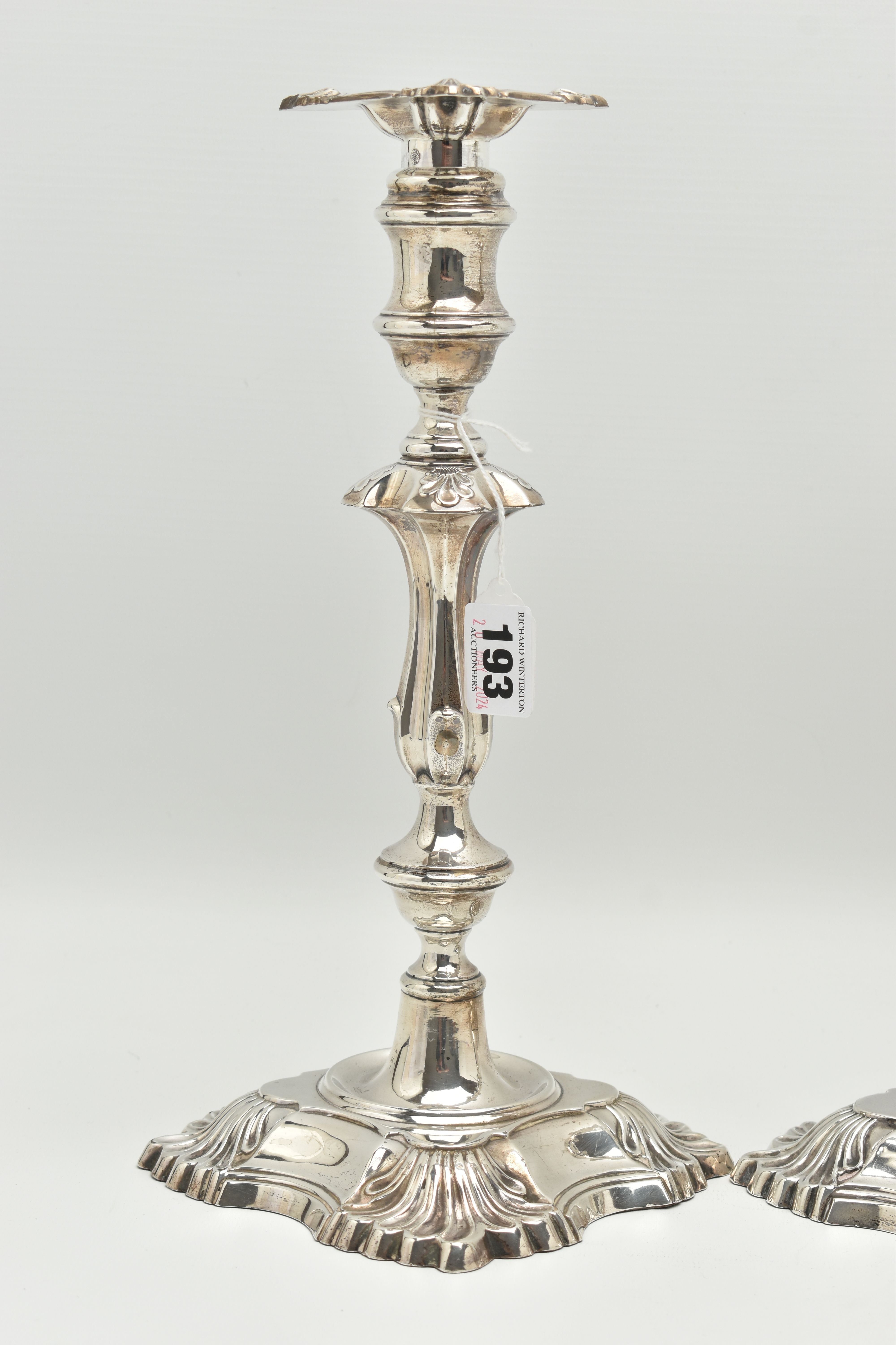 A GEORGE V SILVER SET OF FOUR CANDLESTICKS IN GEORGE II STYLE, with removable shaped square drip - Image 2 of 10