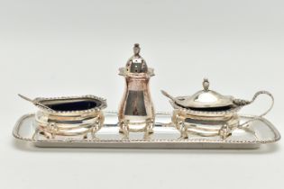 AN ELIZABETH II SILVER THREE PIECE CRUET SET ON TRAY, comprising a rectangular tray, pepperette,