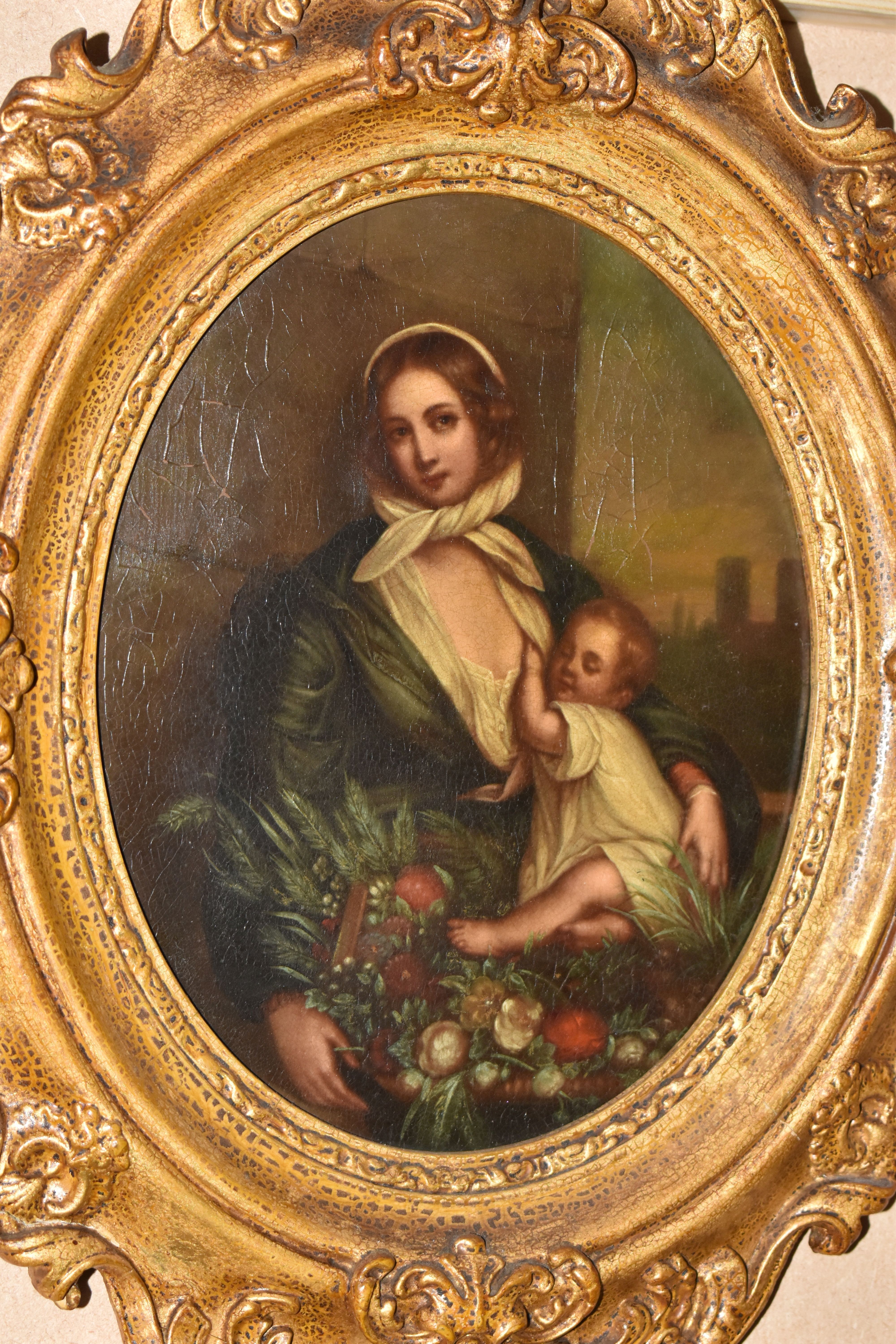 A 19TH CENTURY ENGLISH SCHOOL PORTRAIT OF MOTHER AND CHILD, the mother is depicted as a flower - Image 2 of 6
