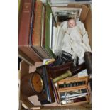 A BOX OF BOOKS, DOLL, CLOCK, TELESCOPE AND SUNDRY ITEMS, to include a cased 19th century