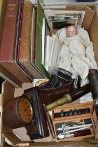 A BOX OF BOOKS, DOLL, CLOCK, TELESCOPE AND SUNDRY ITEMS, to include a cased 19th century