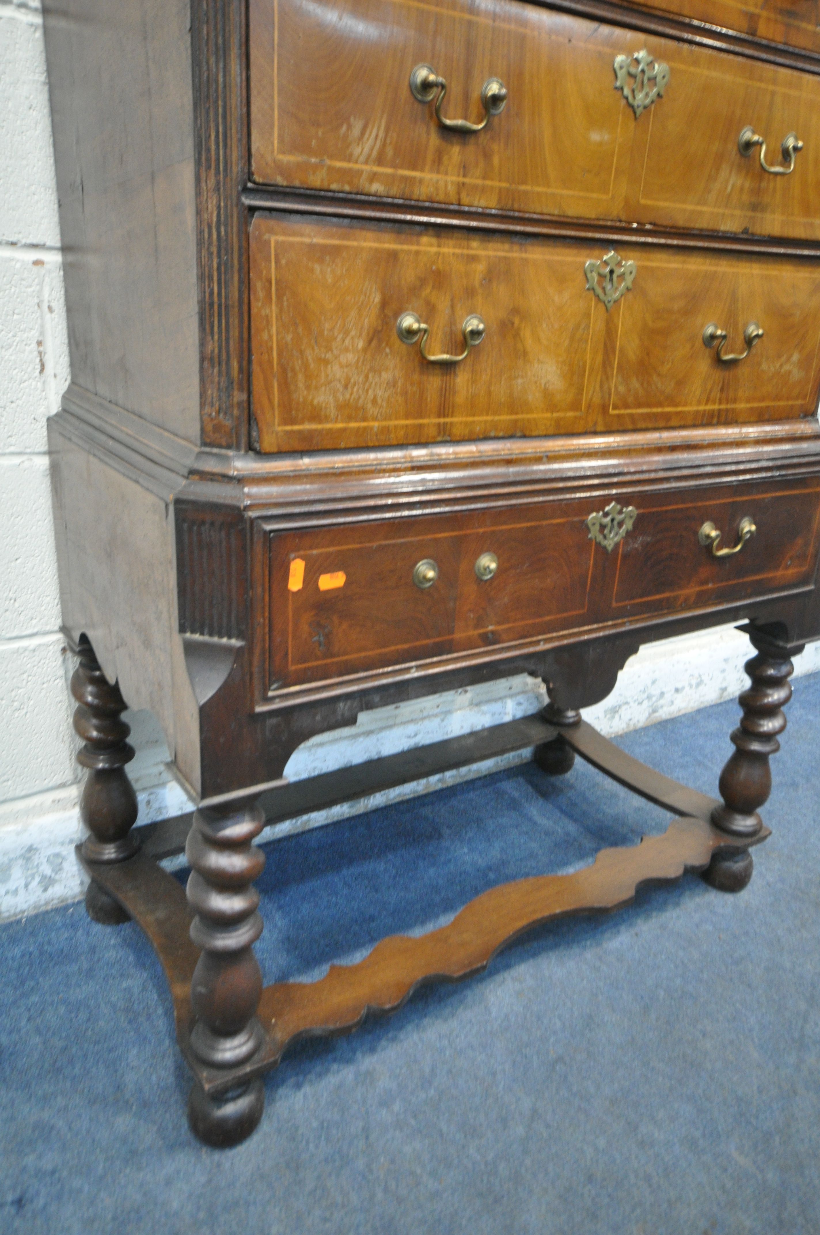 A WILLIAM AND MARY STYLE WALNUT AND BOX STRUNG CHEST ON STAND, fitted with an arrangement of eight - Image 4 of 8