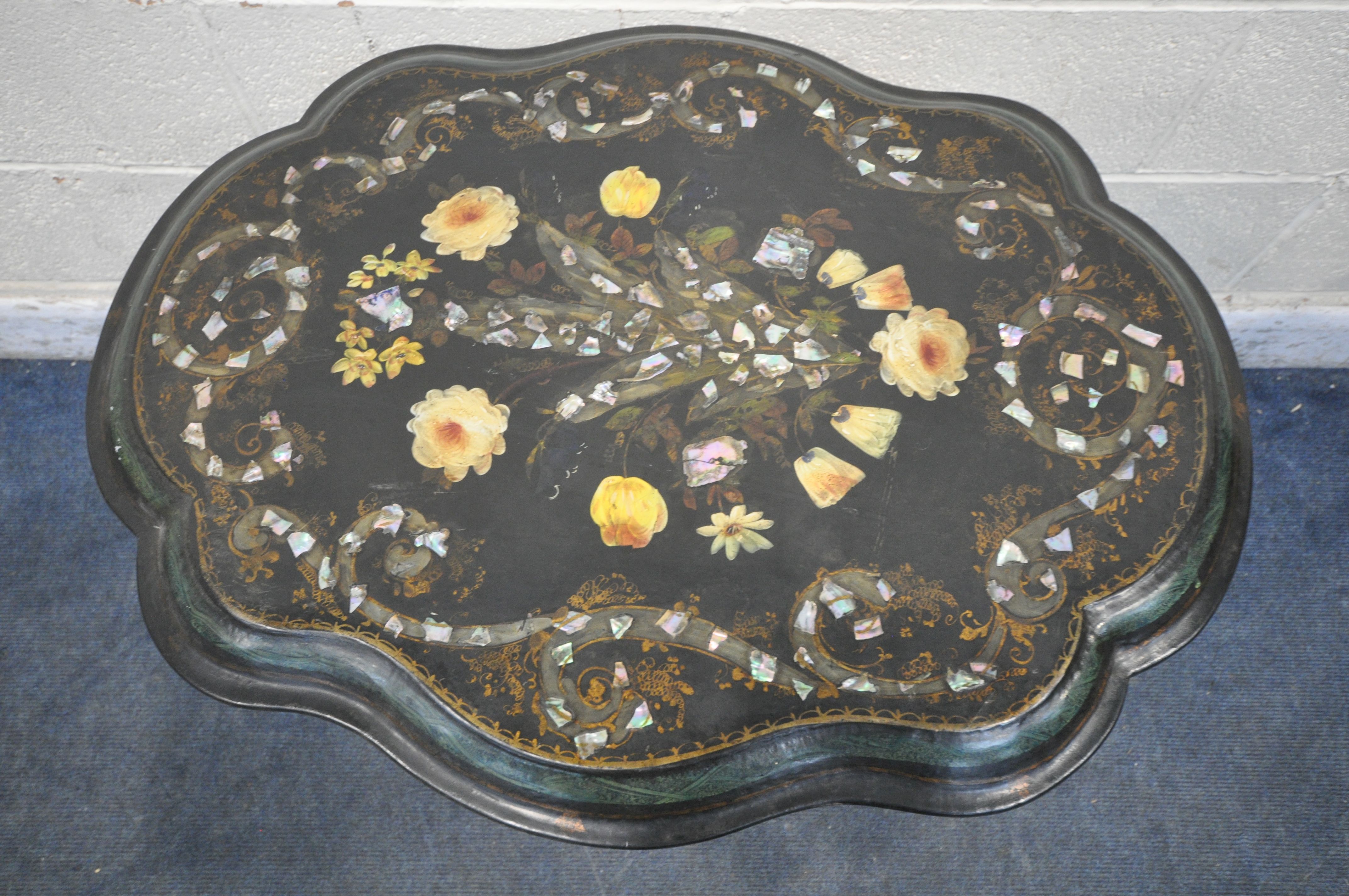 A VICTORIAN EBONISED, PARCEL GILT PAPIER MACHE AND MOTHER OF PEARL TRIPOD TABLE, late 19th - Image 2 of 4