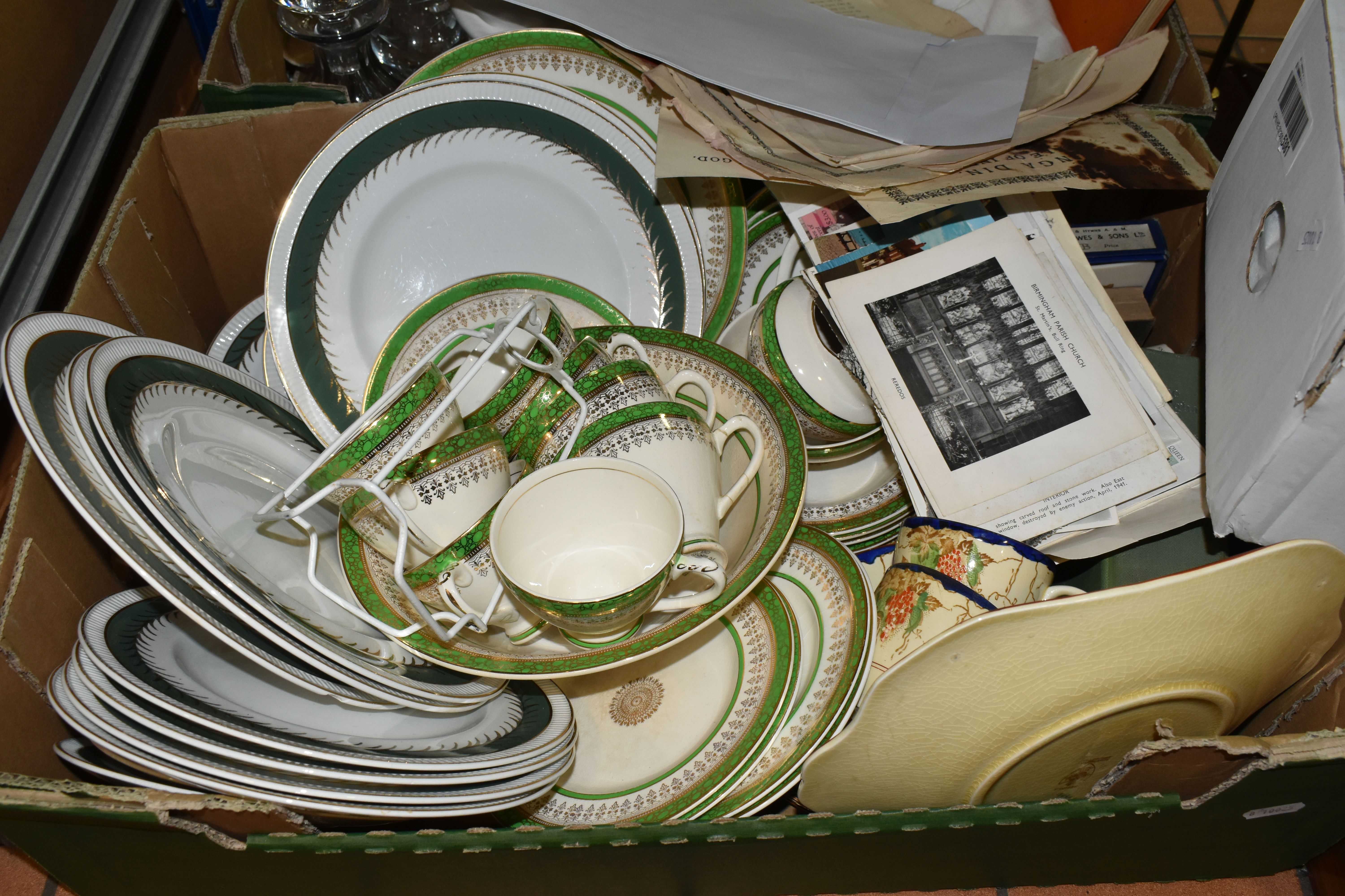 TWO BOXES AND LOOSE EPHEMERA, DINNERWARE, AND GLASSWARE, including a late Victorian writing slope - Image 8 of 10