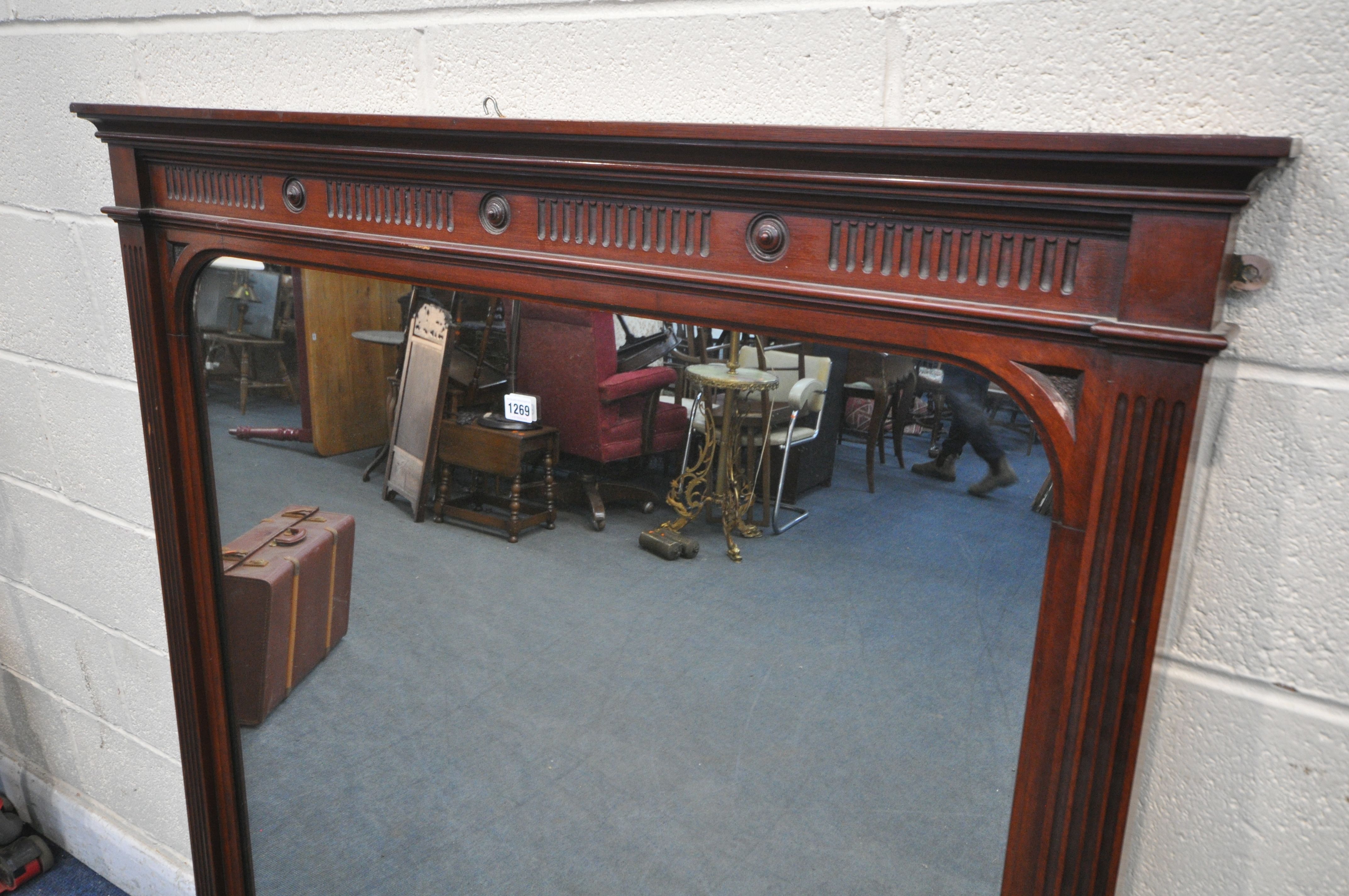AN EDWARDIAN WALNUT OVERMANTEL MIRROR, 132cm x 145cm (condition report: alteration to the top, - Image 2 of 3