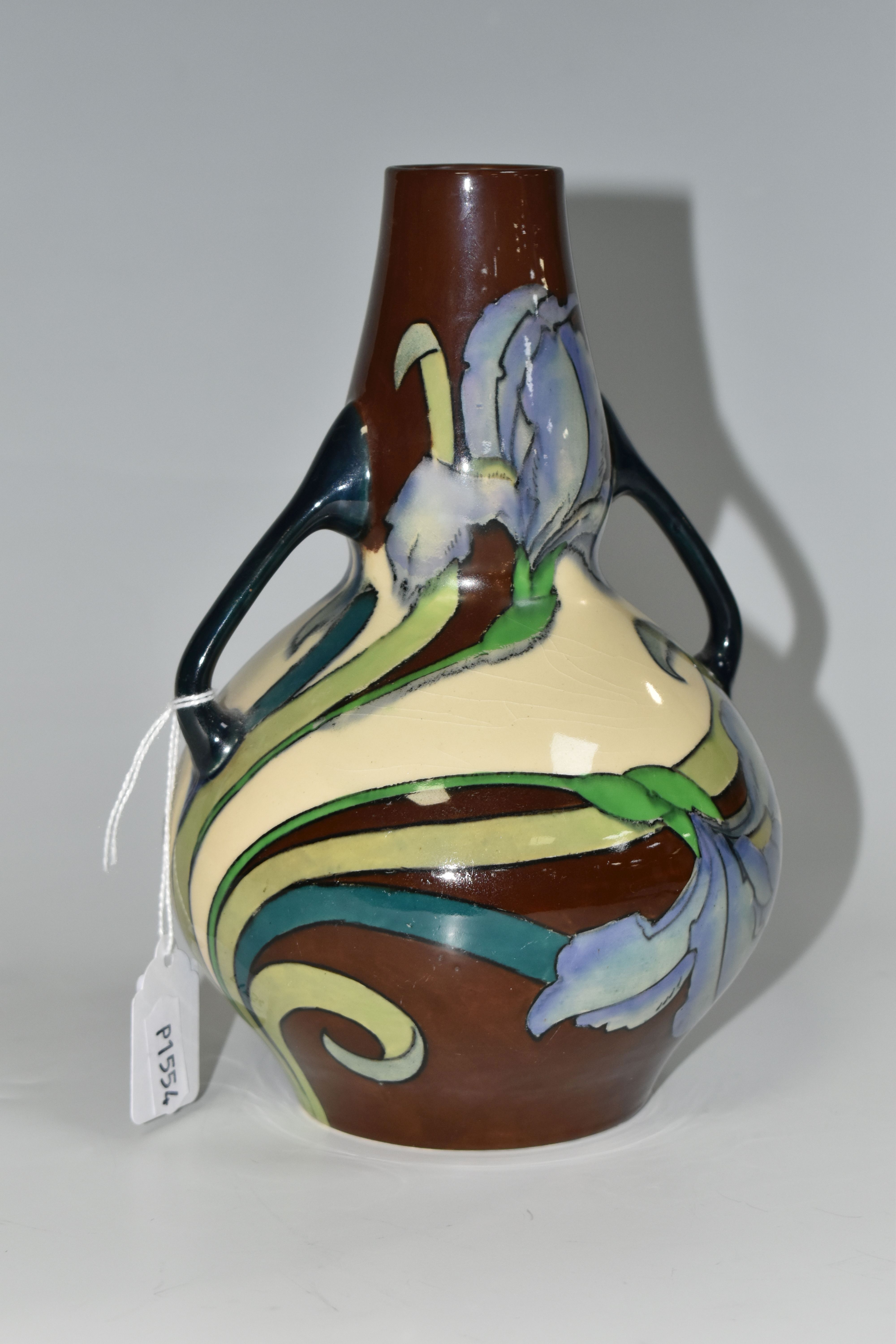 A FOLEY INTARSIO 'IRIS' PATTERN TWIN HANDLED VASE, model 3387, designed by Frederick Rhead,
