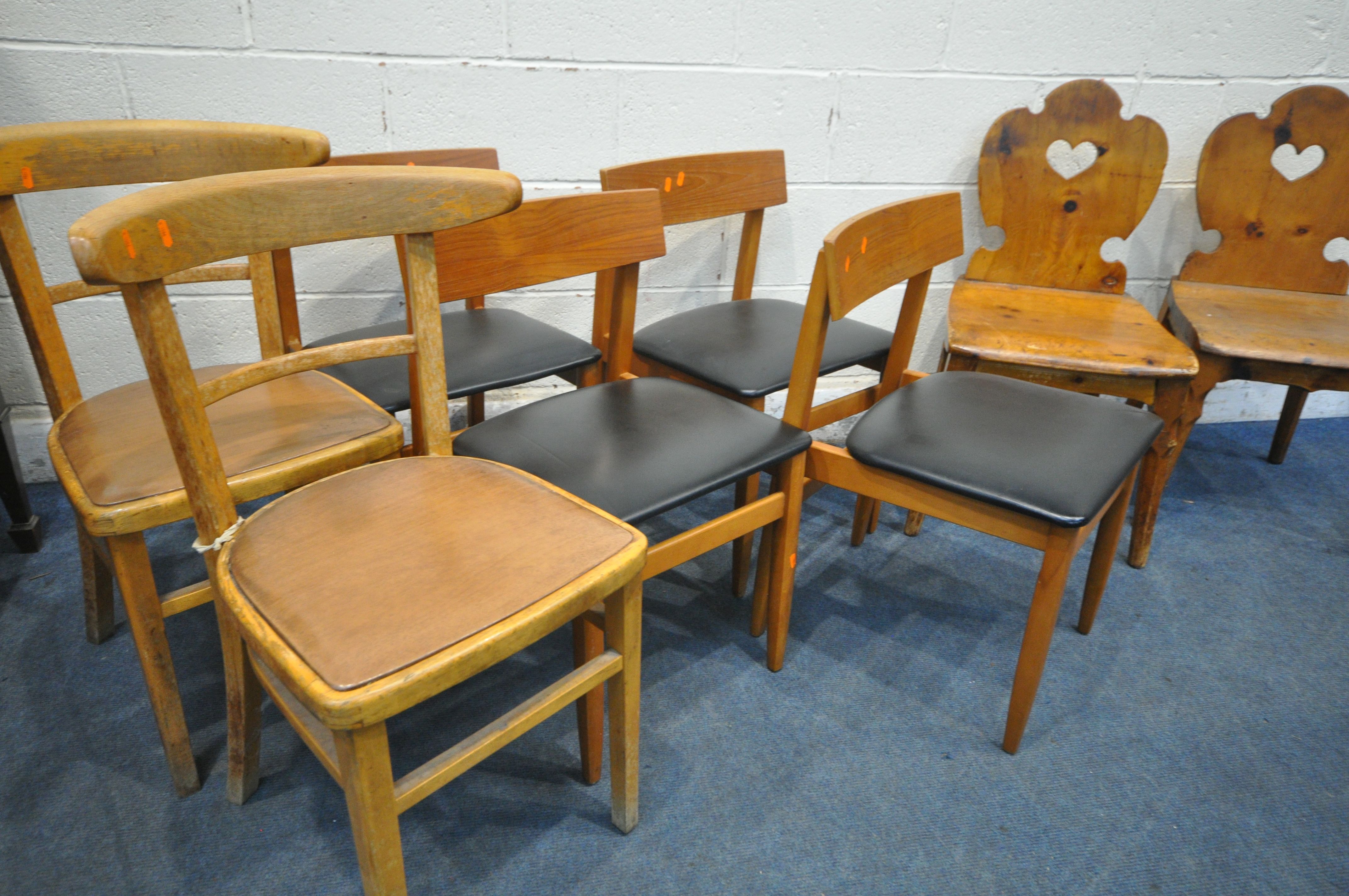 A SELECTION OF CHAIRS, to include a pair of pine hall chairs, a set of four mid-century teak chairs, - Image 3 of 6