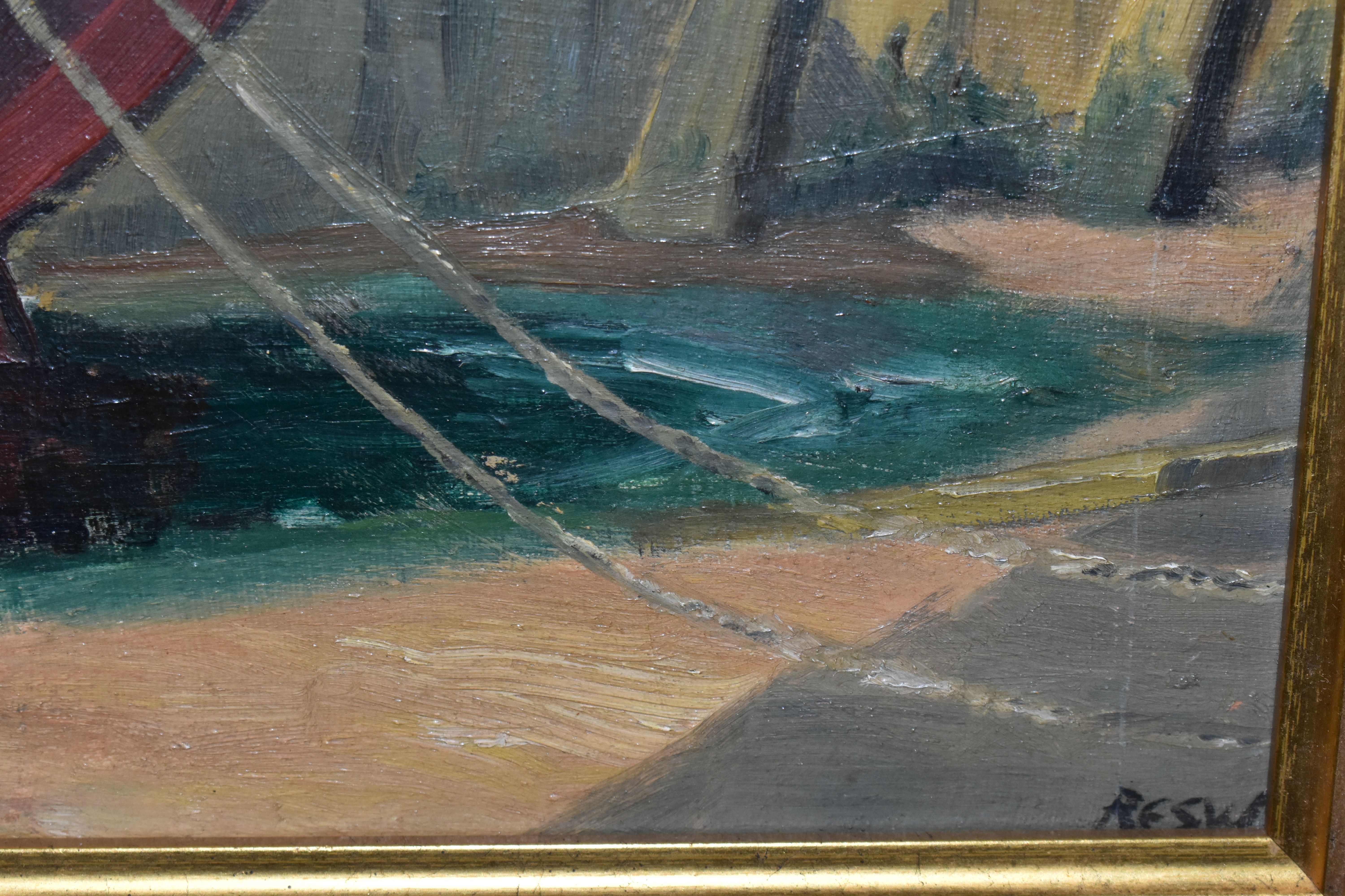 A 20TH CENTURY FISHING BOAT SCENE, two boats are beached at low tide while a male figure tends to - Bild 3 aus 3