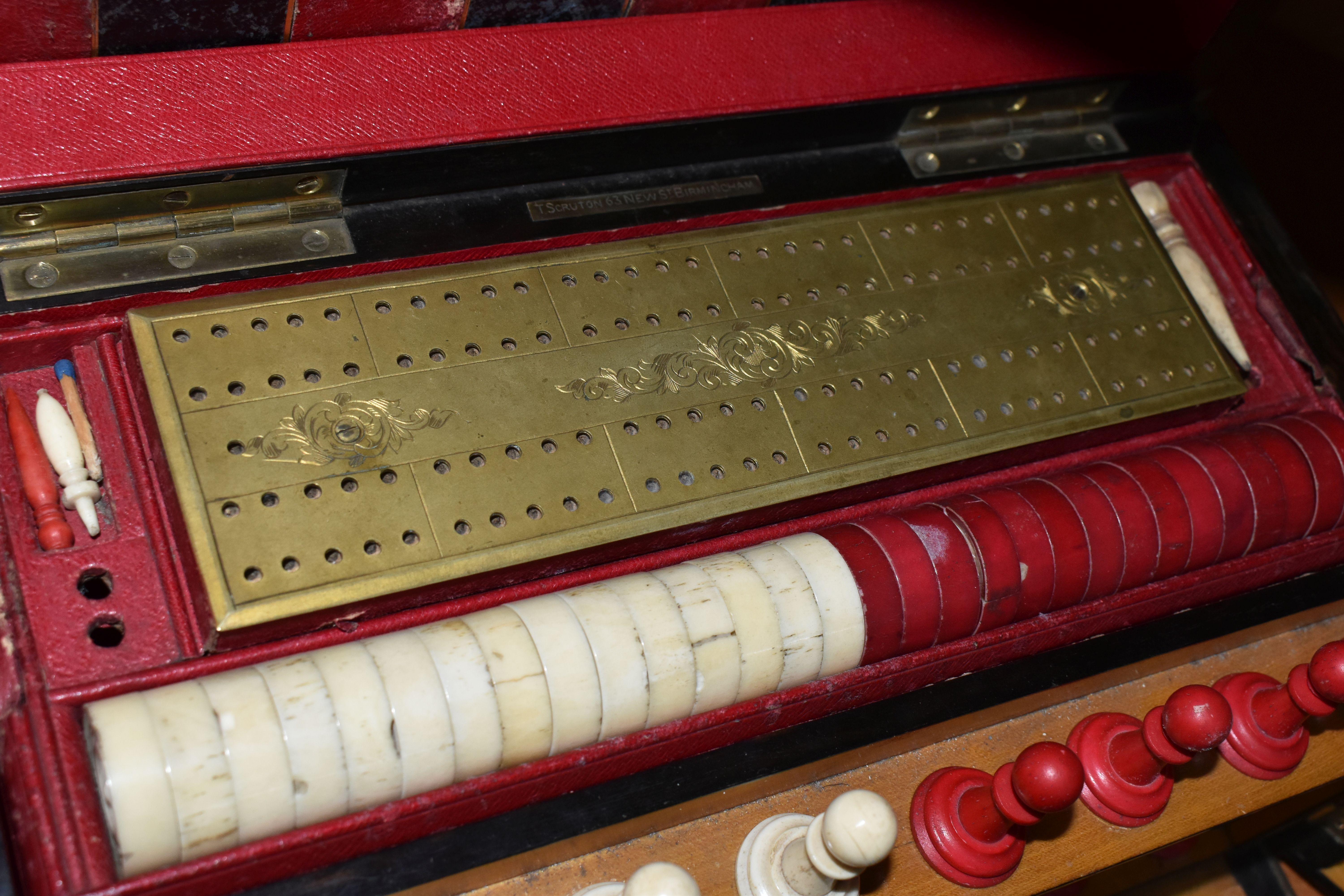 A VICTORIAN BURR WALNUT AND BRASS BOUND GAMES COMPENDIUM, the rectangular box with hinged lid with - Image 8 of 45