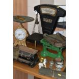 A COLLECTION OF SCALES, MEASURING EQUIPMENT, WEIGHTS, ETC, to include a large Avery Tobacco Scale,