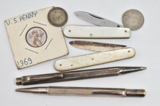A SELECTION OF ITEMS, to include two engine turned pens, one with silver hallmark, stamped WM Ltd,