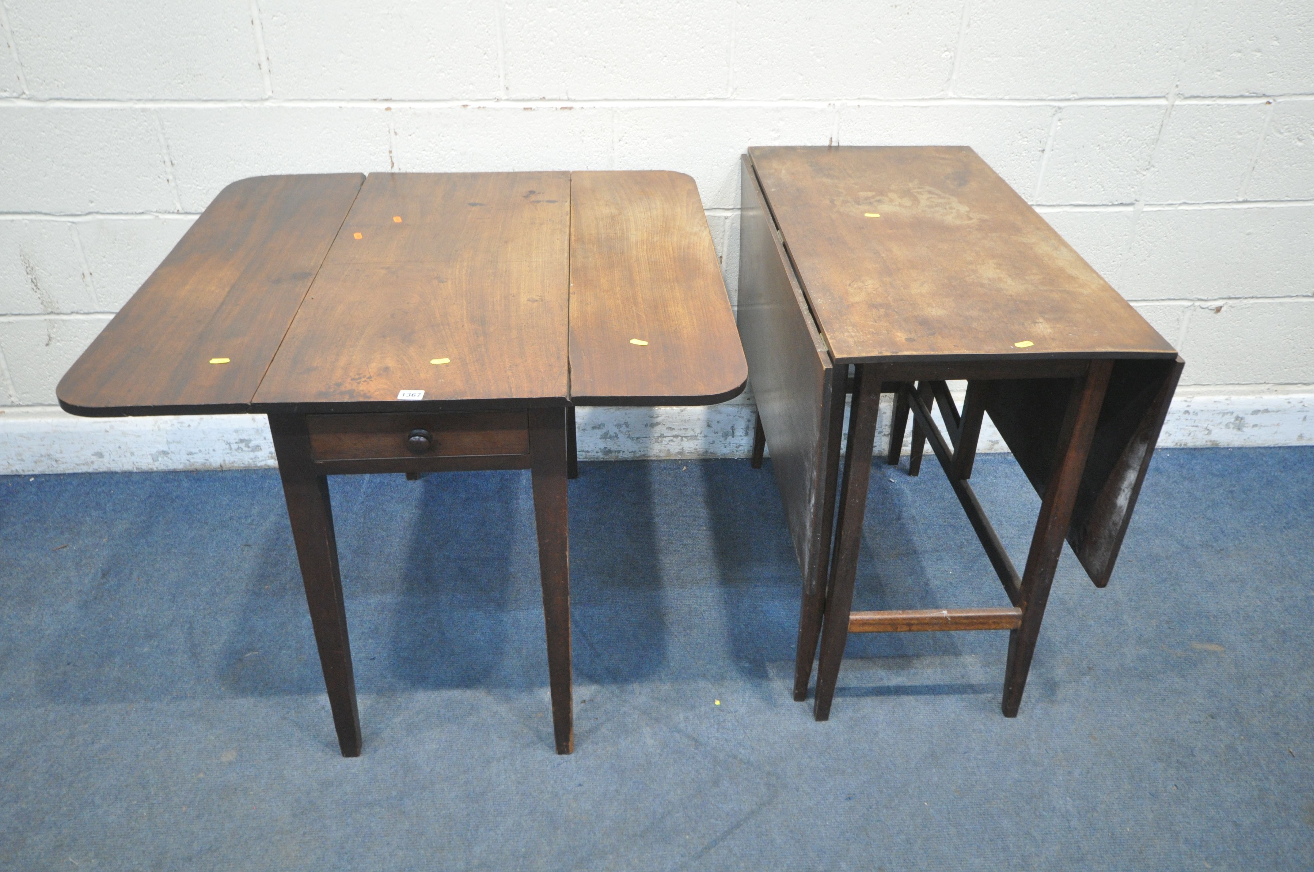 A 19TH CENTURY MAHOGANY DROP LEAF TABLE, with a single frieze drawer, raised on square tapered legs,