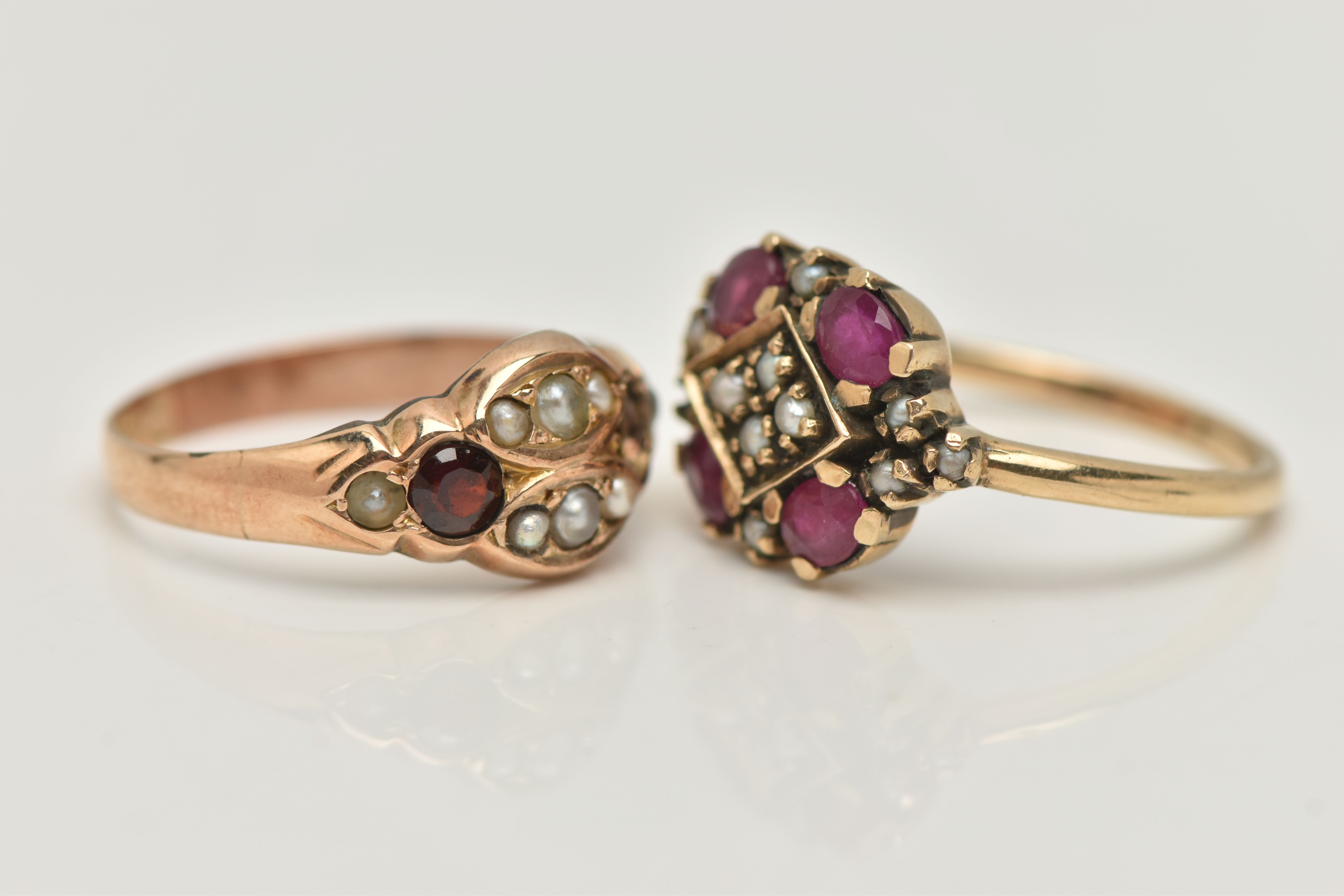 TWO 9CT GOLD GEM SET RINGS, the first set with four oval shape treated rubies and split pearls, - Image 2 of 4
