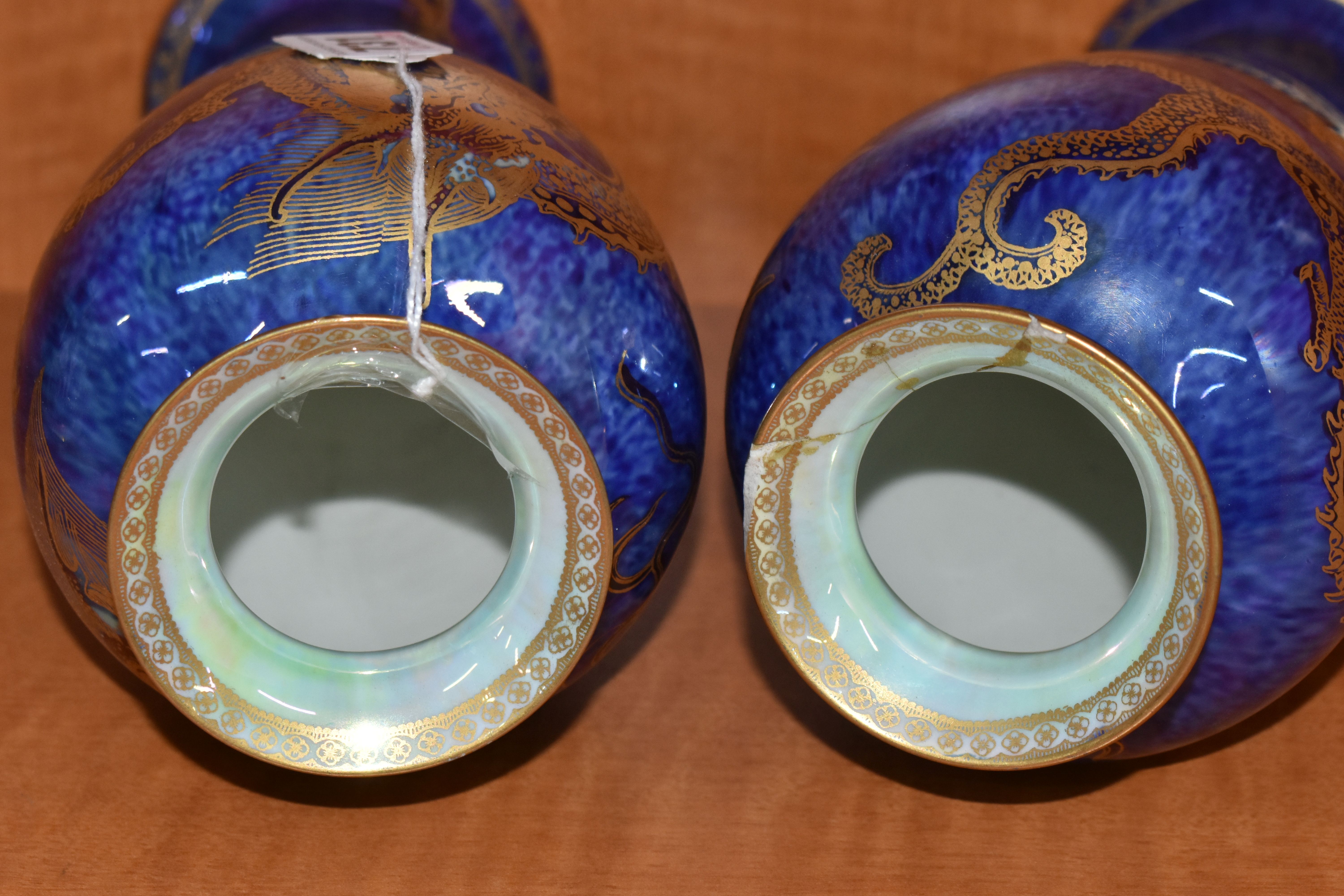 A PAIR OF WEDGWOOD DRAGON LUSTRE BALUSTER VASES, pattern Z4829, the exterior with mottled blue - Image 6 of 7