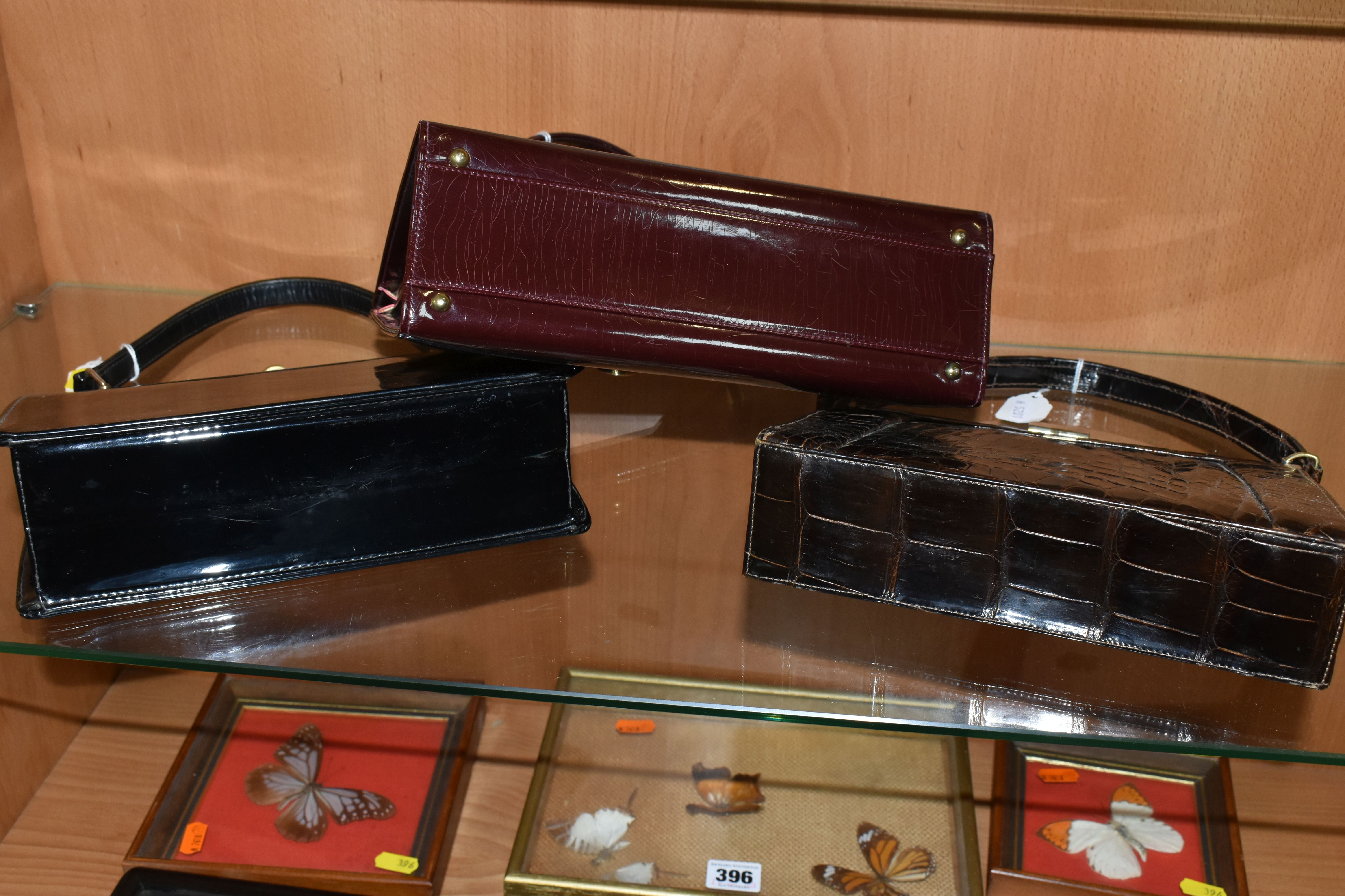 THREE LADIES' VINTAGE HANDBAGS, comprising a brown French faux Croc bag, a claret patent leather - Image 9 of 12