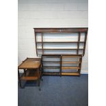 A GEORGIAN OAK HANGING PLATE RACK, width 187cm x height 107cm, along with two open bookcases, and