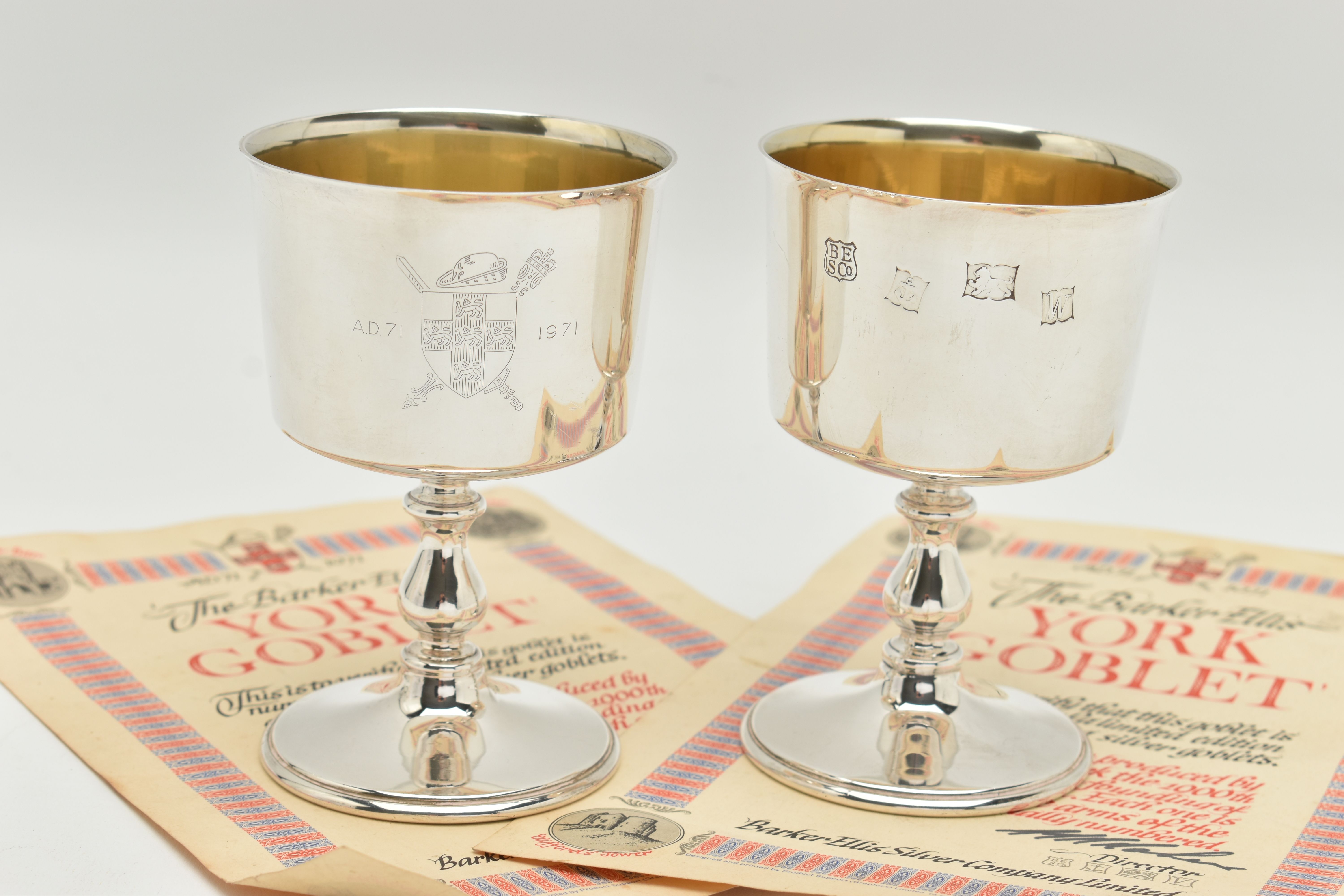 A PAIR OF ELIZABETH II SILVER GOBLETS, polished cups engraved with a family crest inscribed 'A.D. - Image 2 of 5