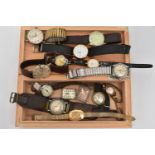 A SMALL WOODEN BOX WITH ASSORTED WRISTWATCHES, to include a gents worn 'Invicta' manual wind base